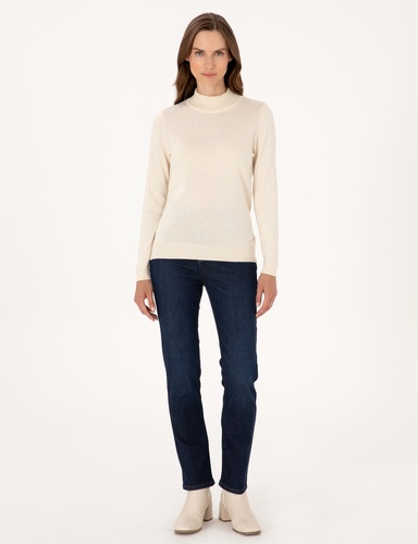 Ekru Slim Fit Yarım Balıkçı Basic Kazak