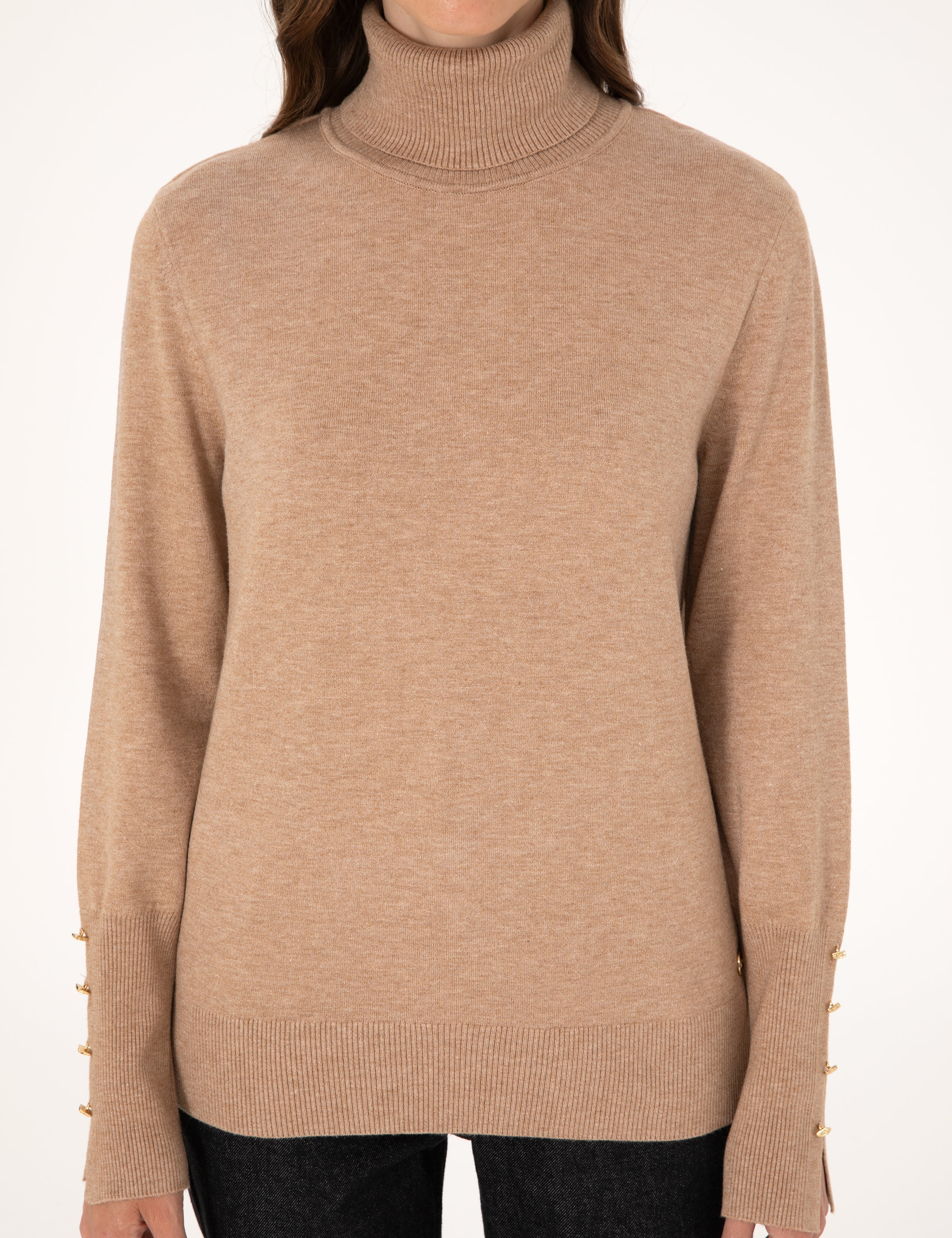 Bej Slim Fit Balıkçı Yaka Basic Kazak