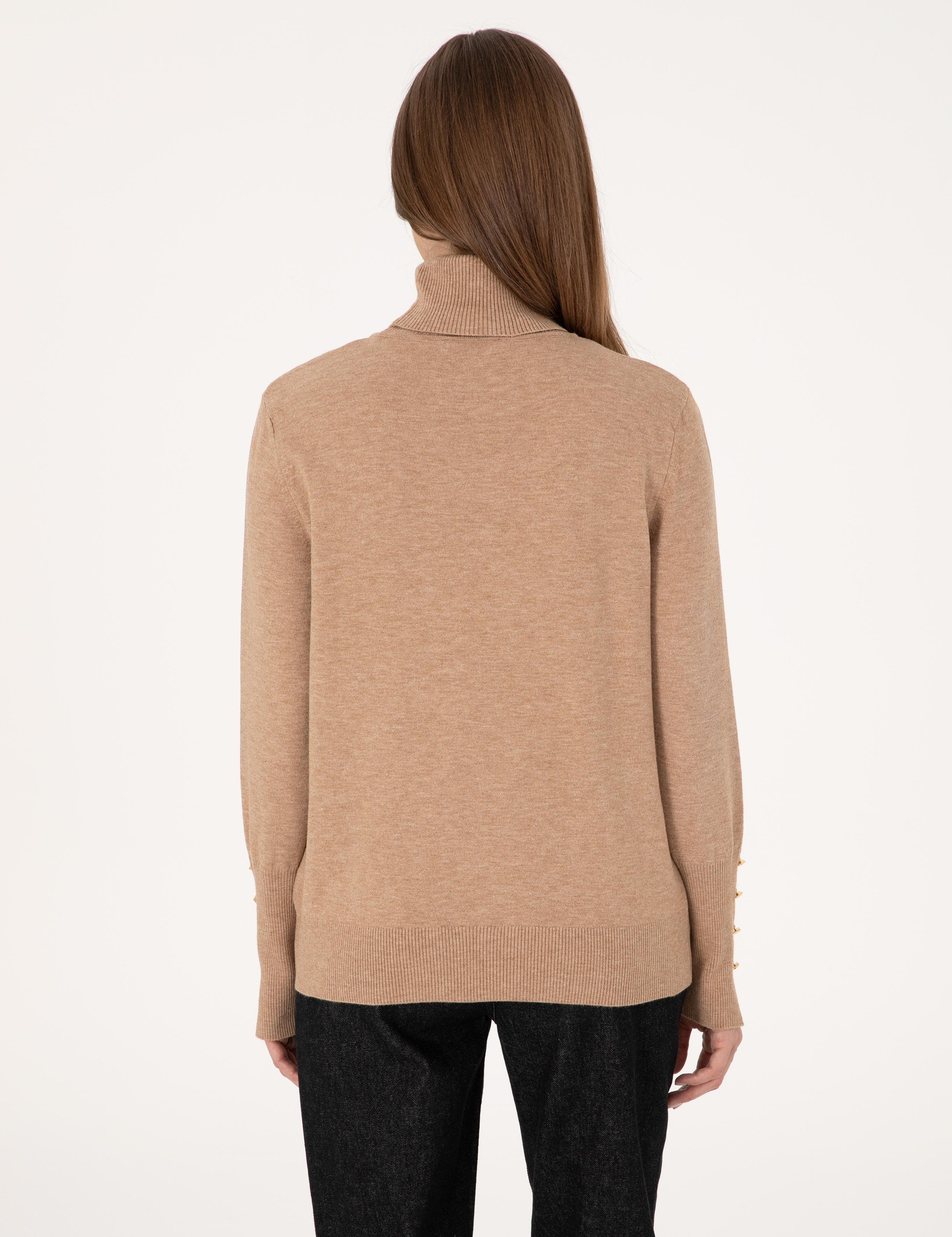 Bej Slim Fit Balıkçı Yaka Basic Kazak