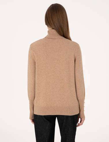 Bej Slim Fit Balıkçı Yaka Basic Kazak