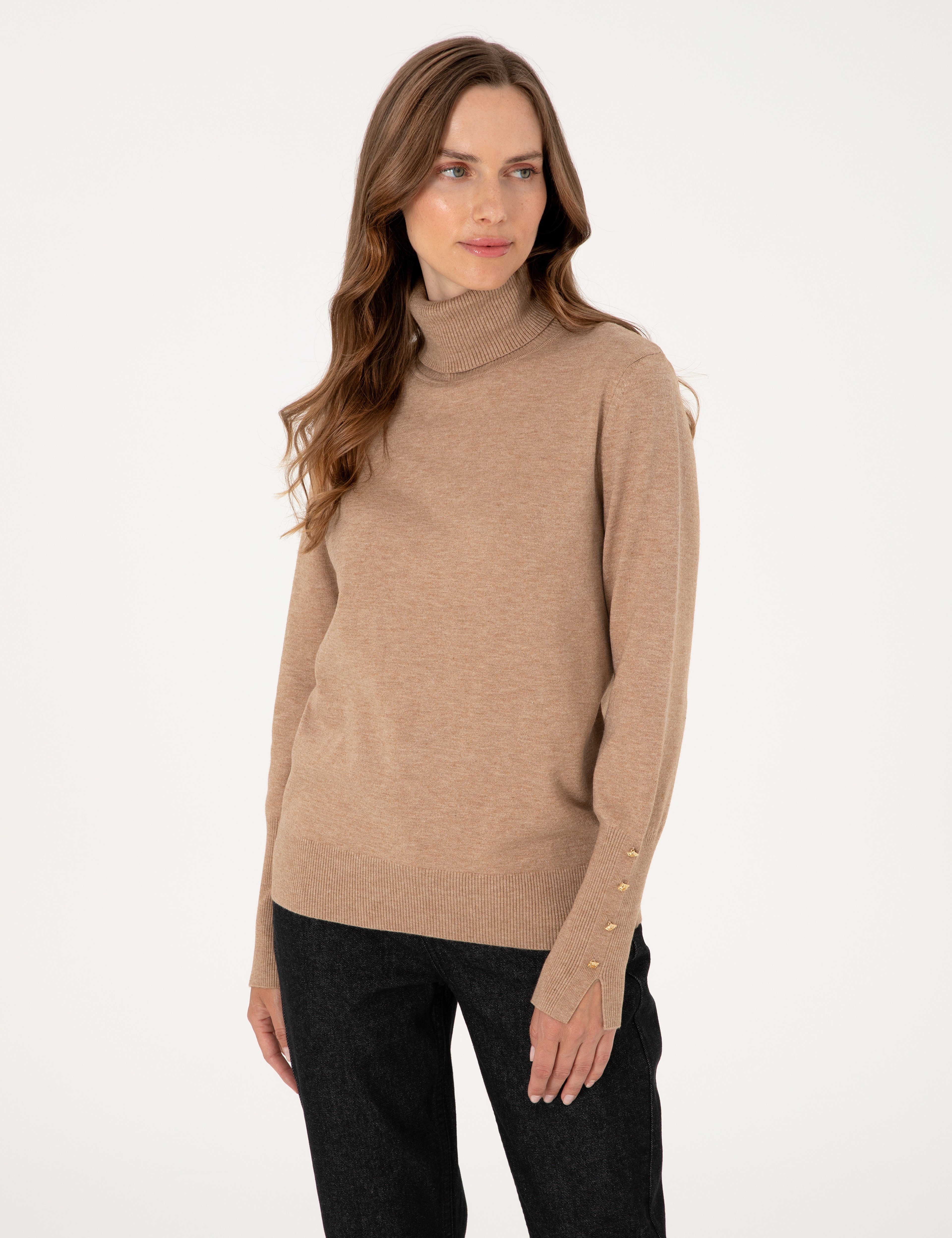 Bej Slim Fit Balıkçı Yaka Basic Kazak - Image 3