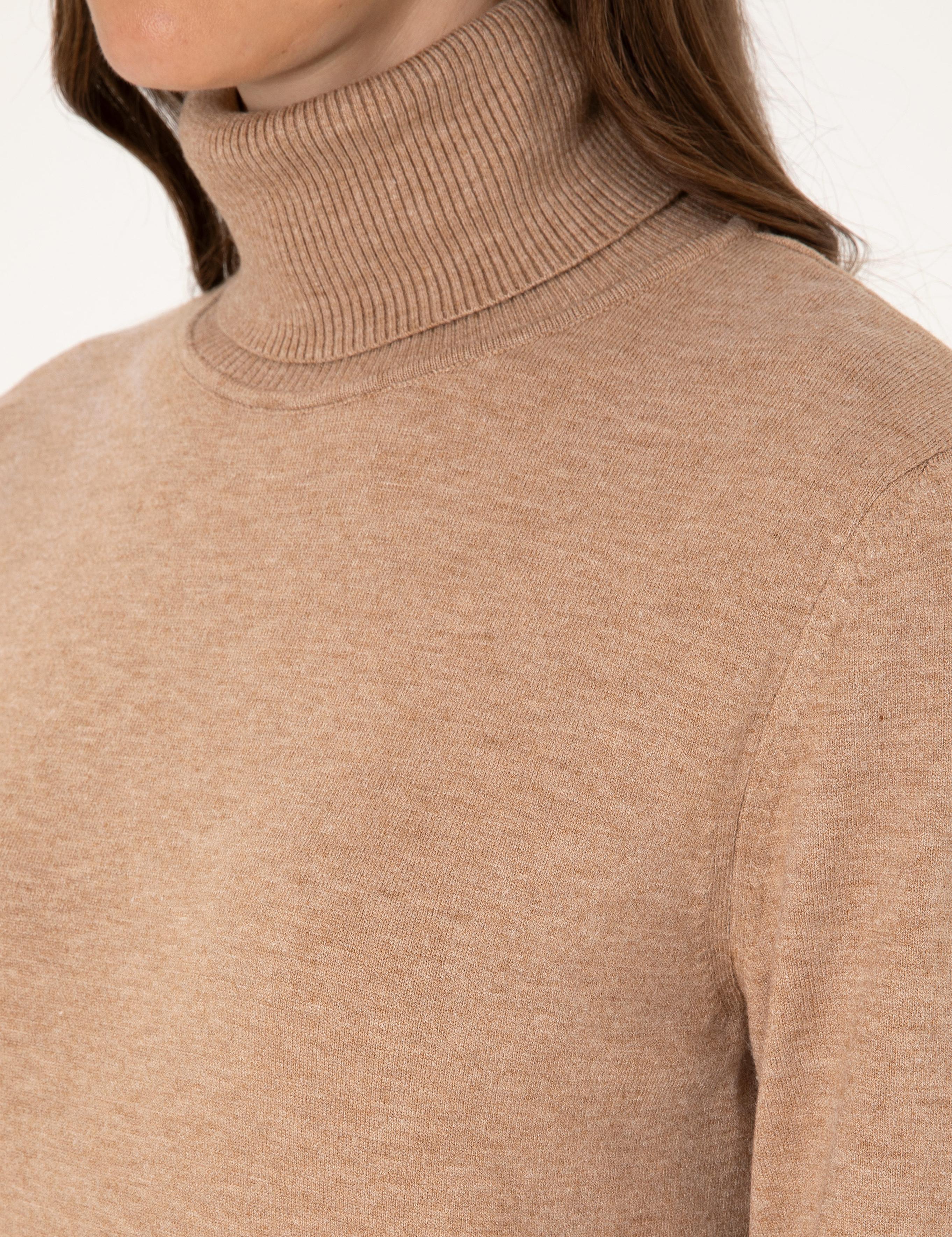 Bej Slim Fit Balıkçı Yaka Basic Kazak