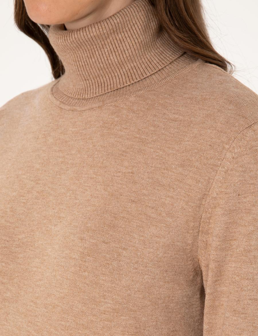 Bej Slim Fit Balıkçı Yaka Basic Kazak