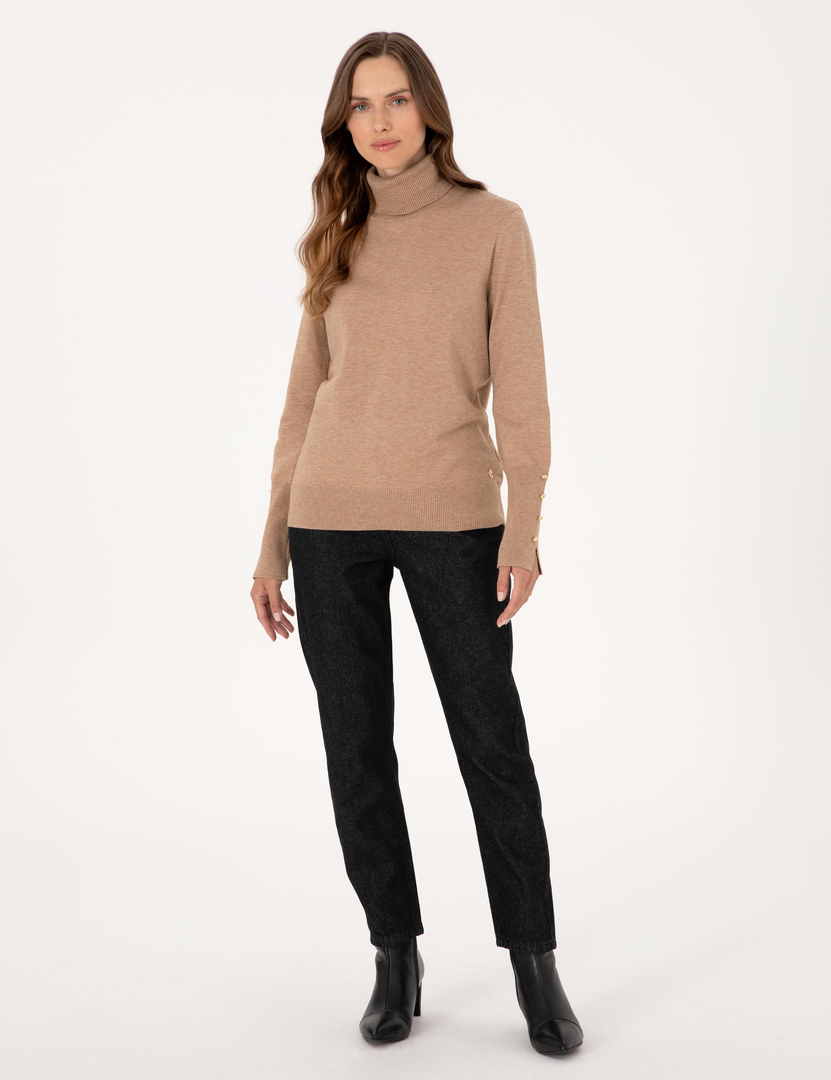 Bej Slim Fit Balıkçı Yaka Basic Kazak