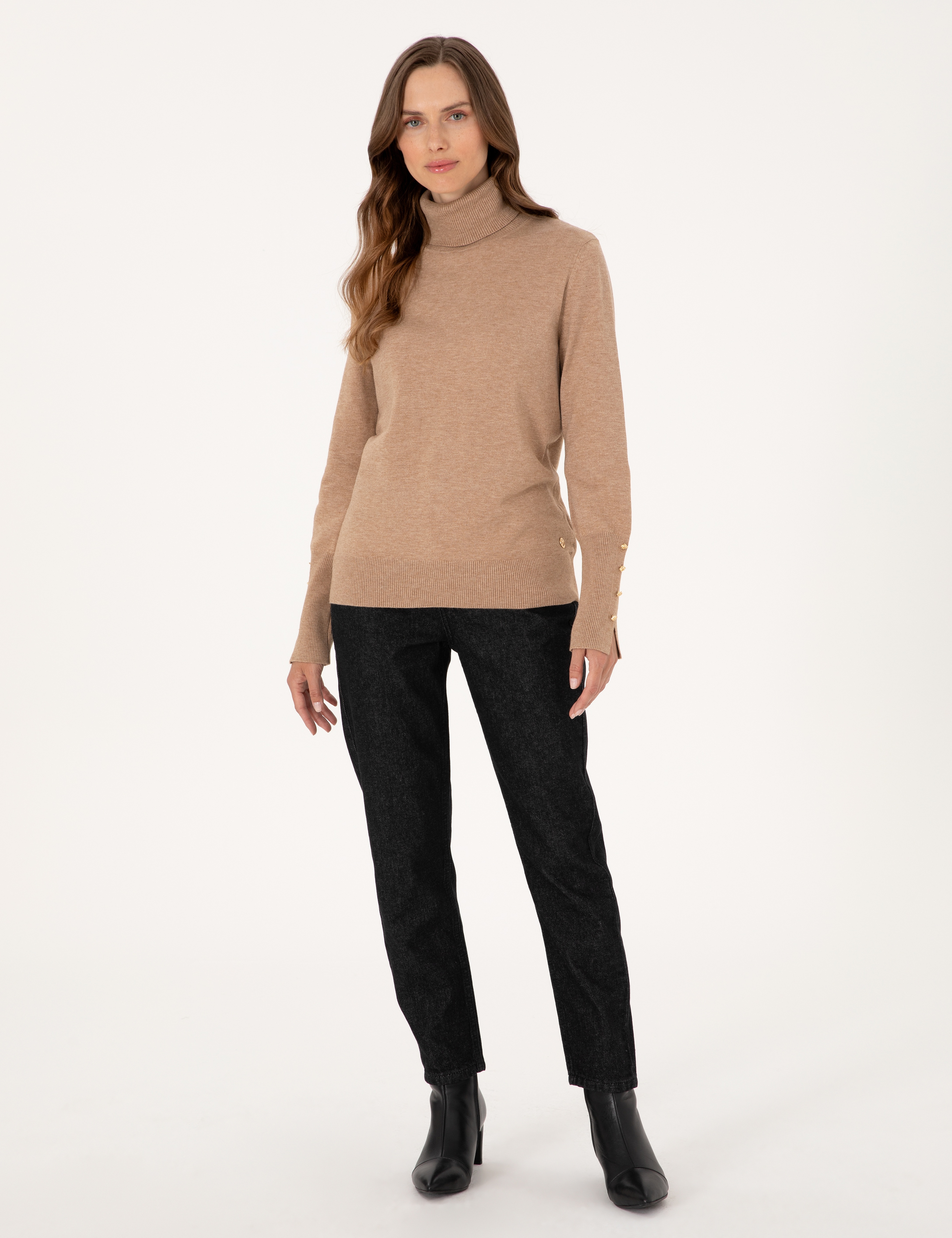 Bej Slim Fit Balıkçı Yaka Basic Kazak