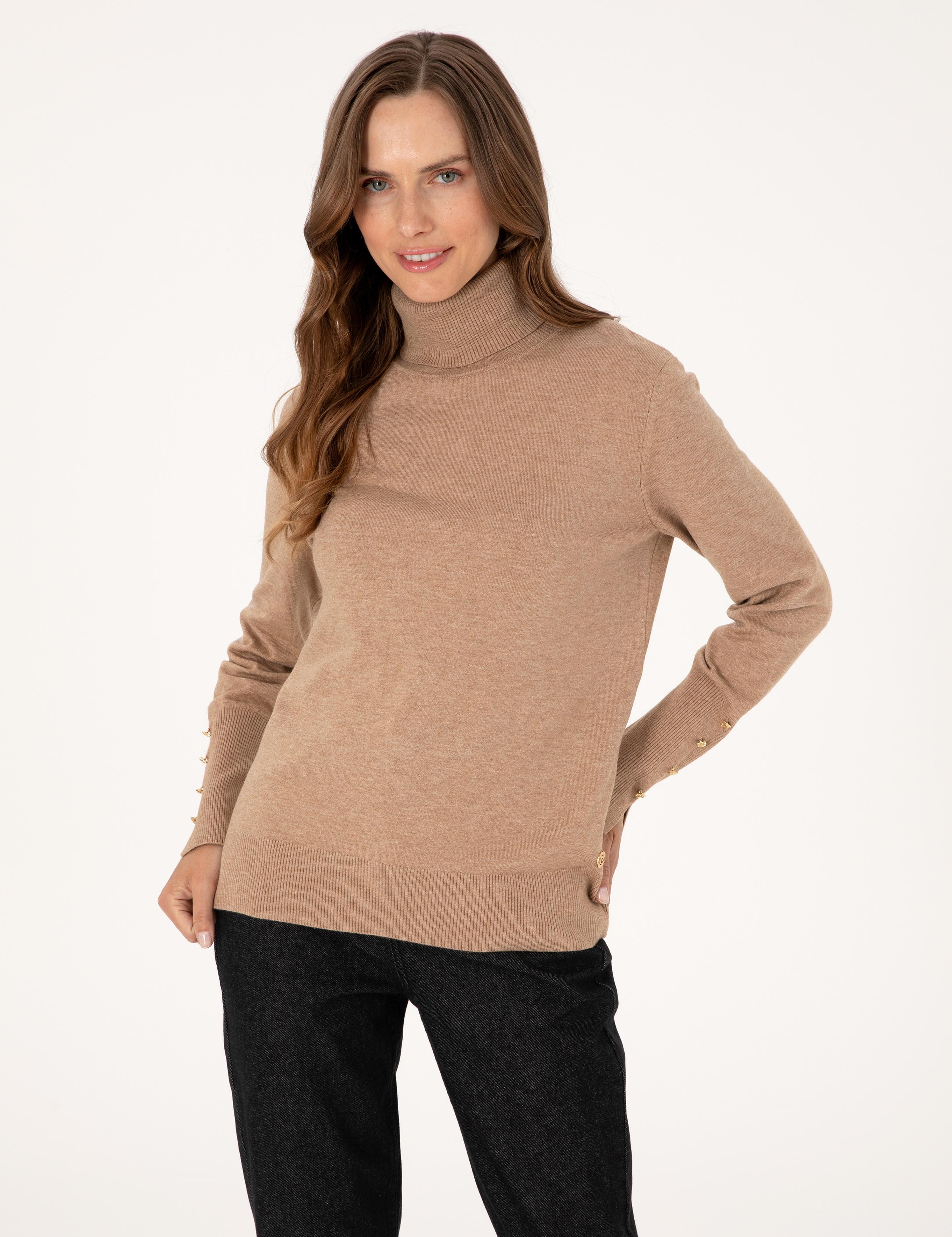 Bej Slim Fit Balıkçı Yaka Basic Kazak