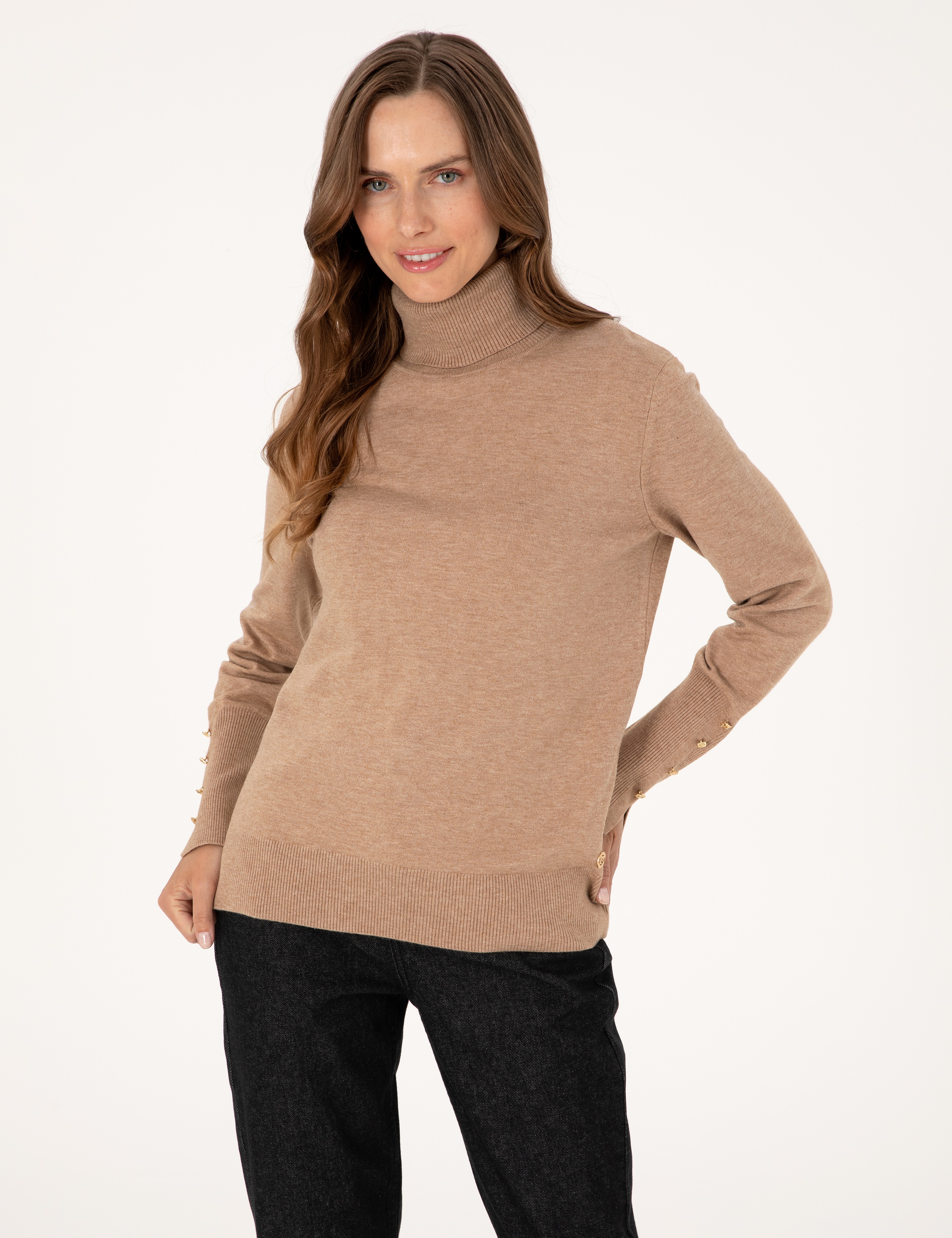 Bej Slim Fit Balıkçı Yaka Basic Kazak