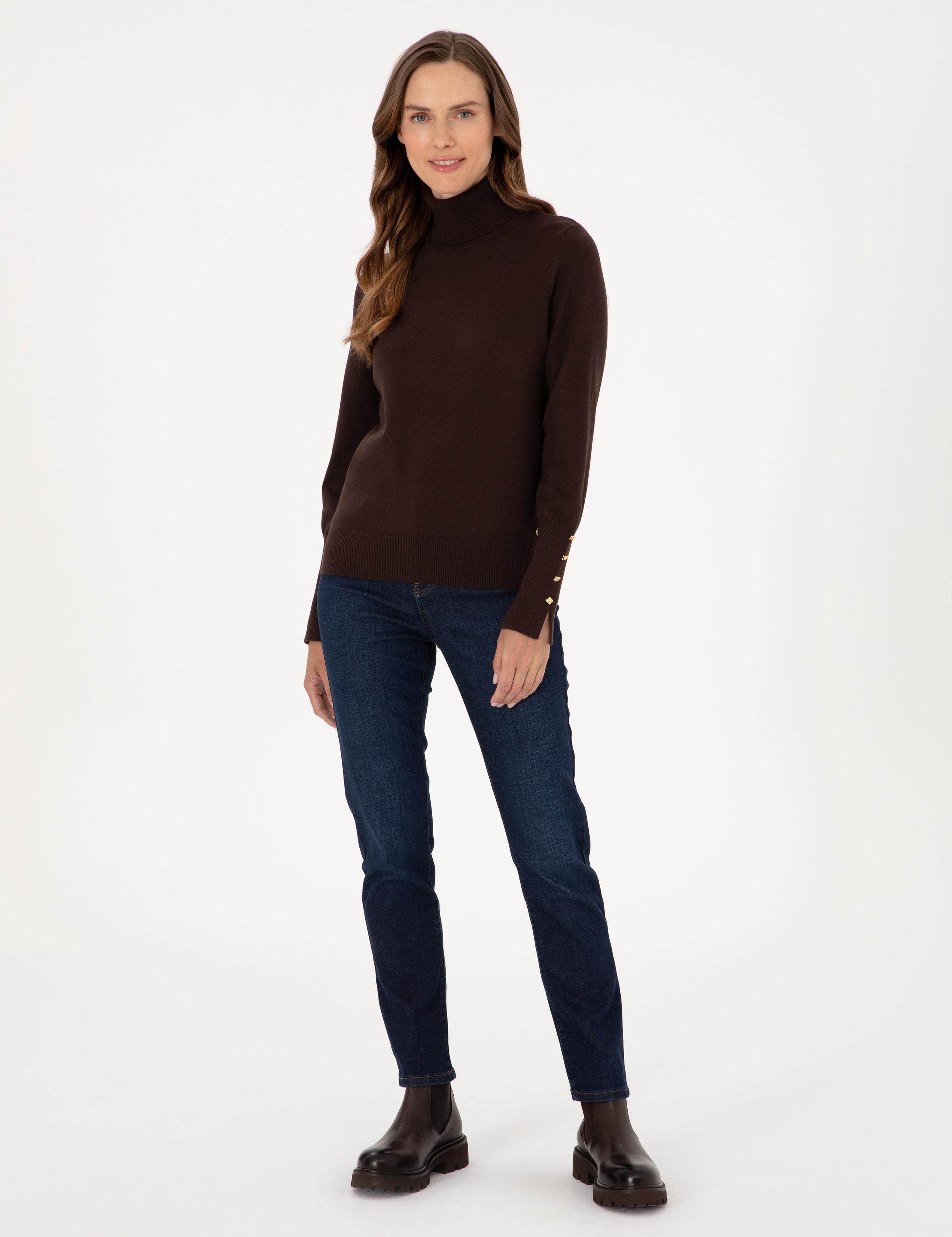 Kahverengi Slim Fit Balıkçı Yaka Basic Kazak