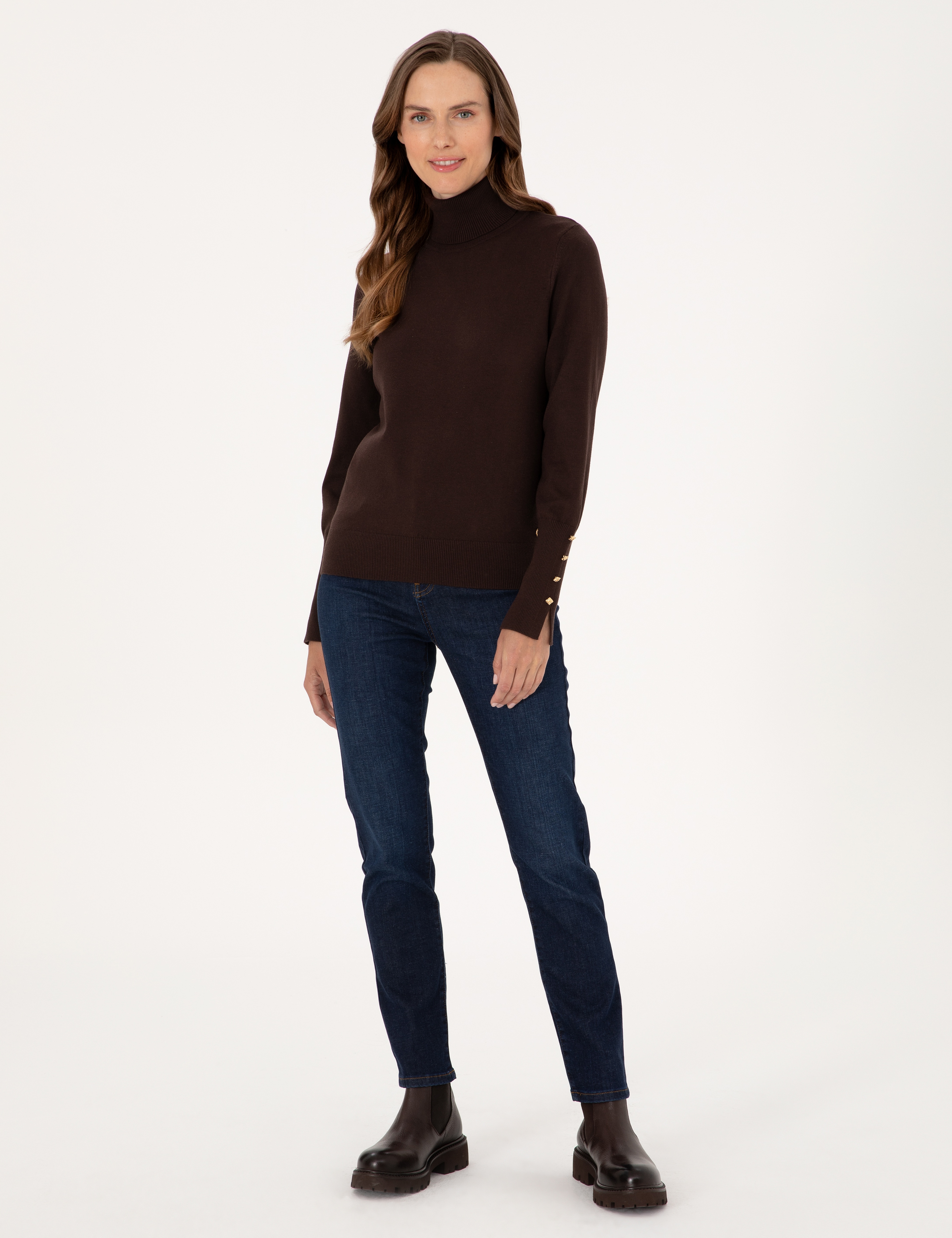 Kahverengi Slim Fit Balıkçı Yaka Basic Kazak - Image 4