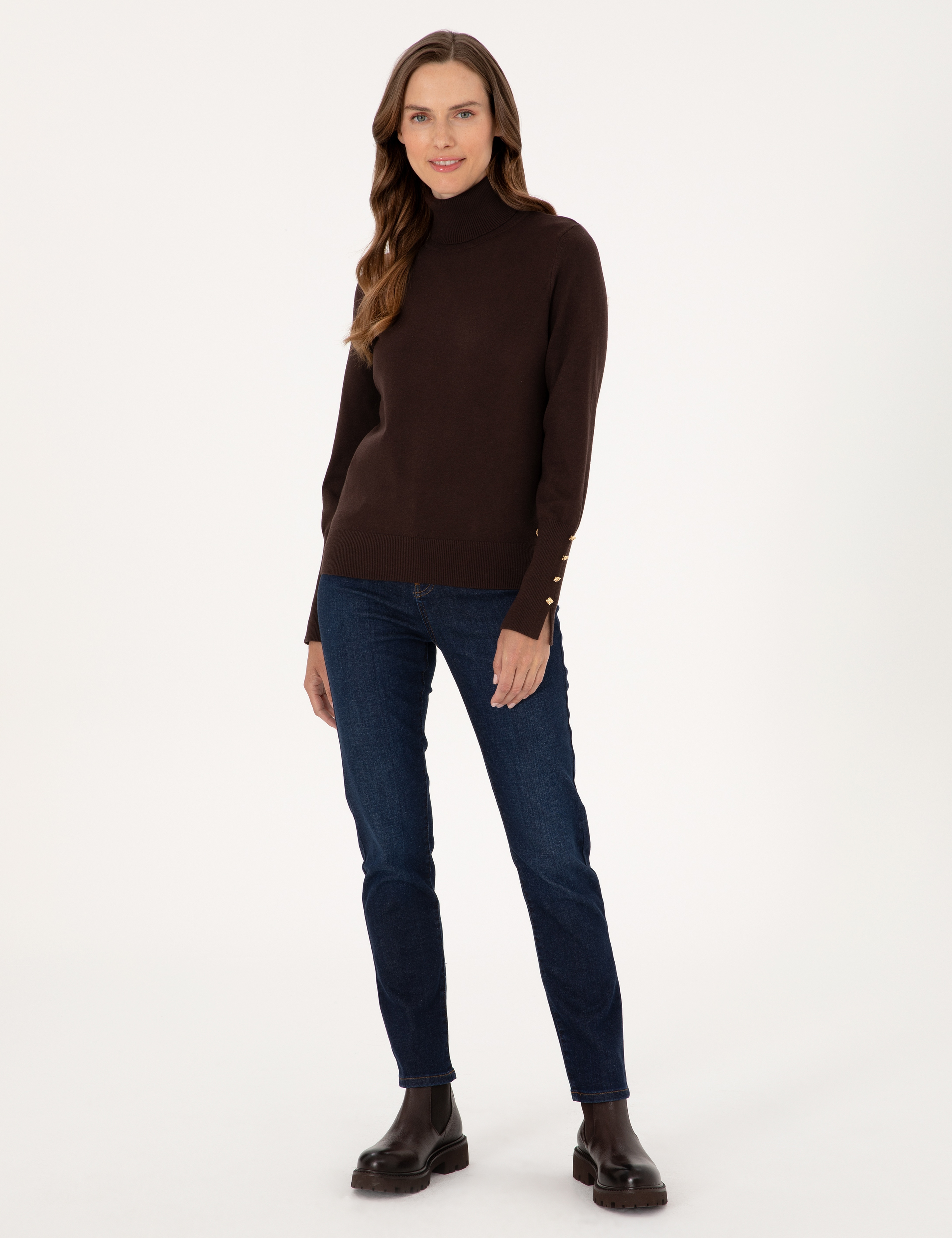 Kahverengi Slim Fit Balıkçı Yaka Basic Kazak