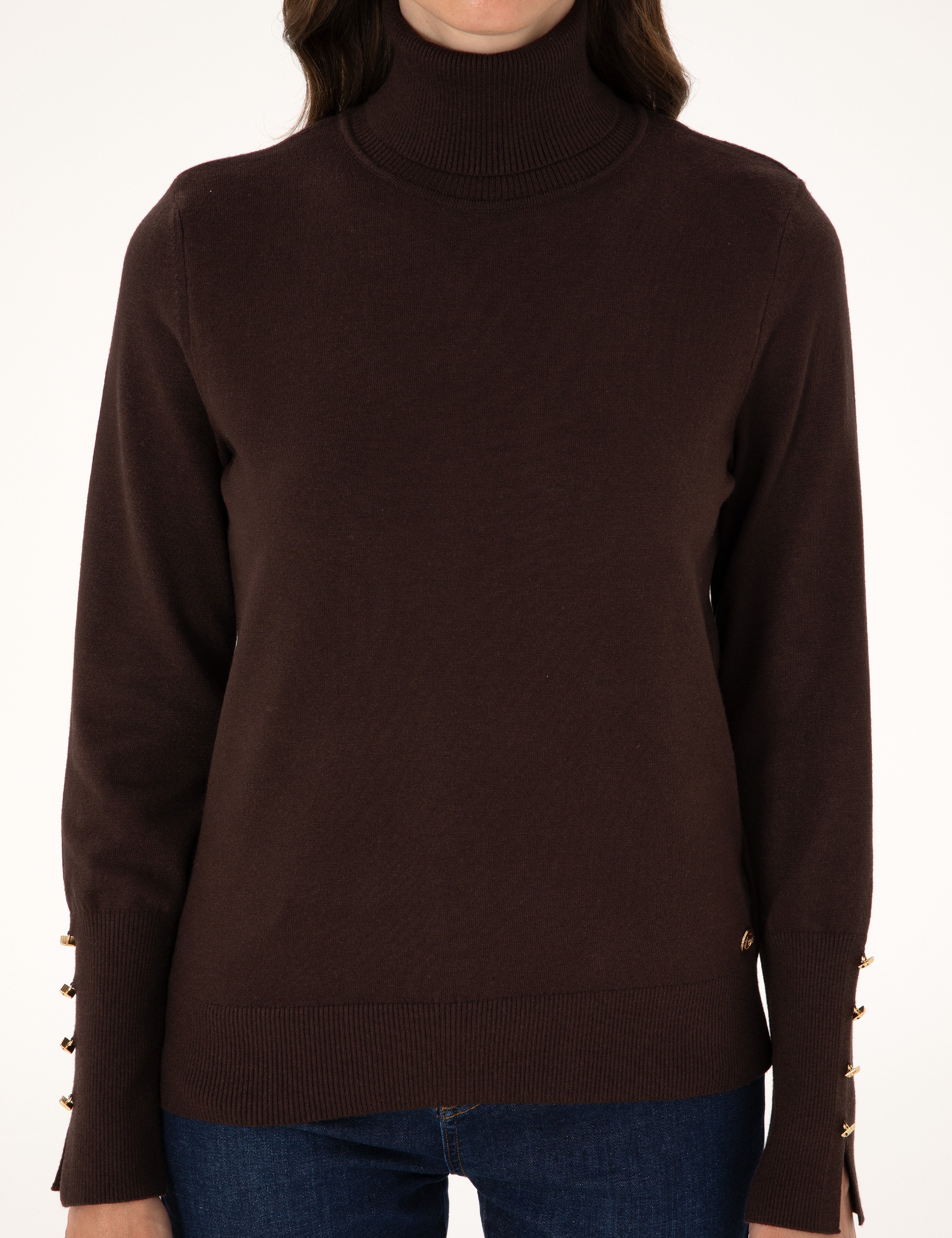 Kahverengi Slim Fit Balıkçı Yaka Basic Kazak