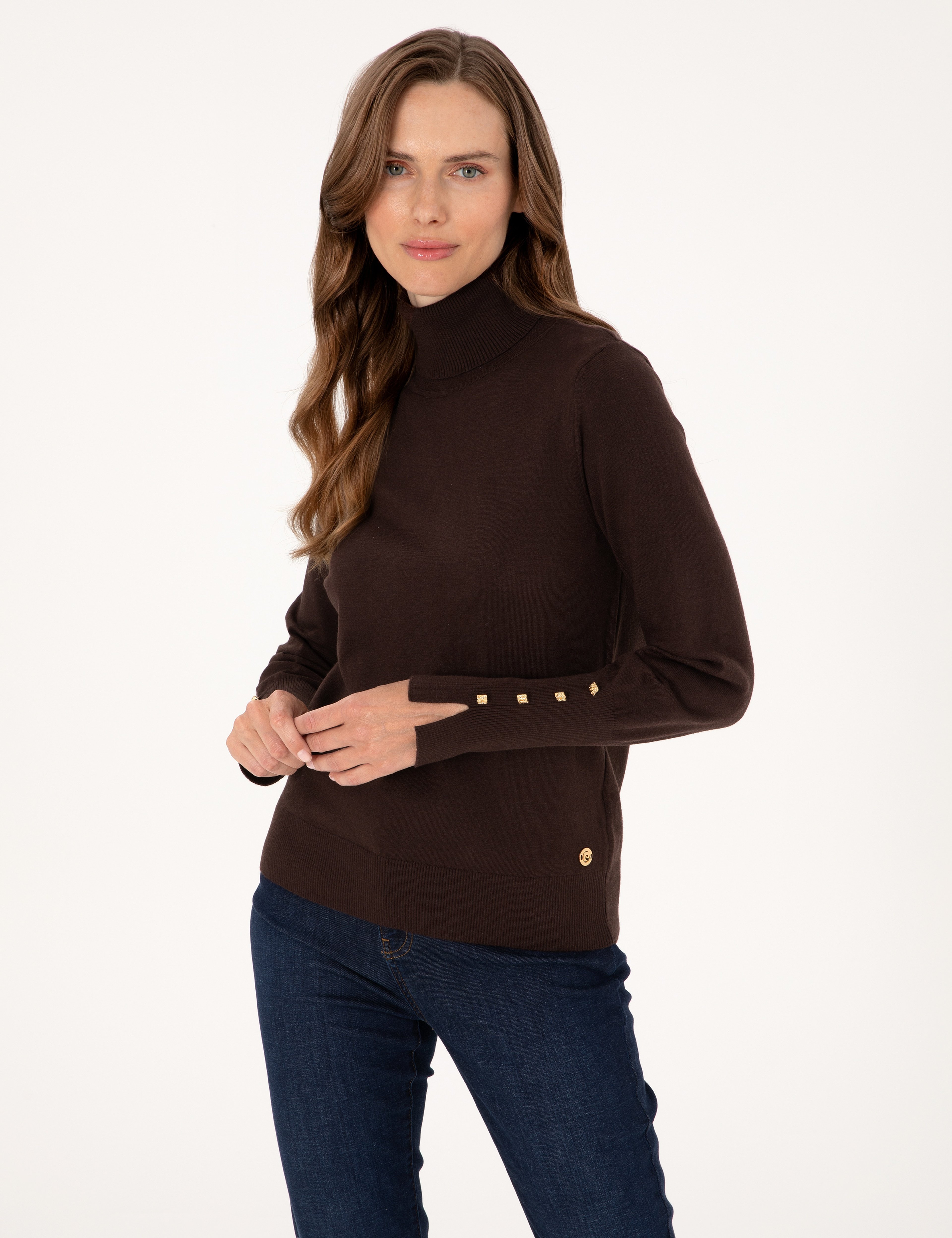 Kahverengi Slim Fit Balıkçı Yaka Basic Kazak