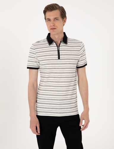 Bej Slim Fit Fermuarlı Polo Yaka Tişört