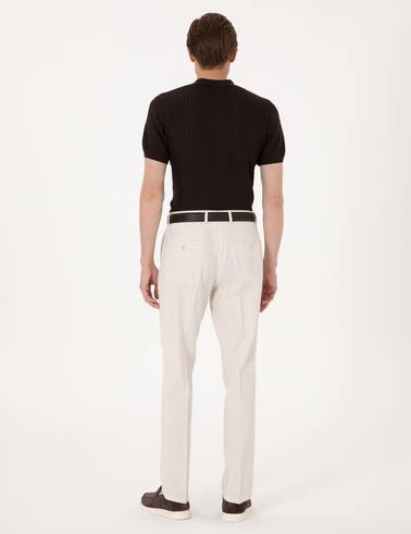 Bej Slim Fit Keten Karışımlı Pileli Kumaş Pantolon