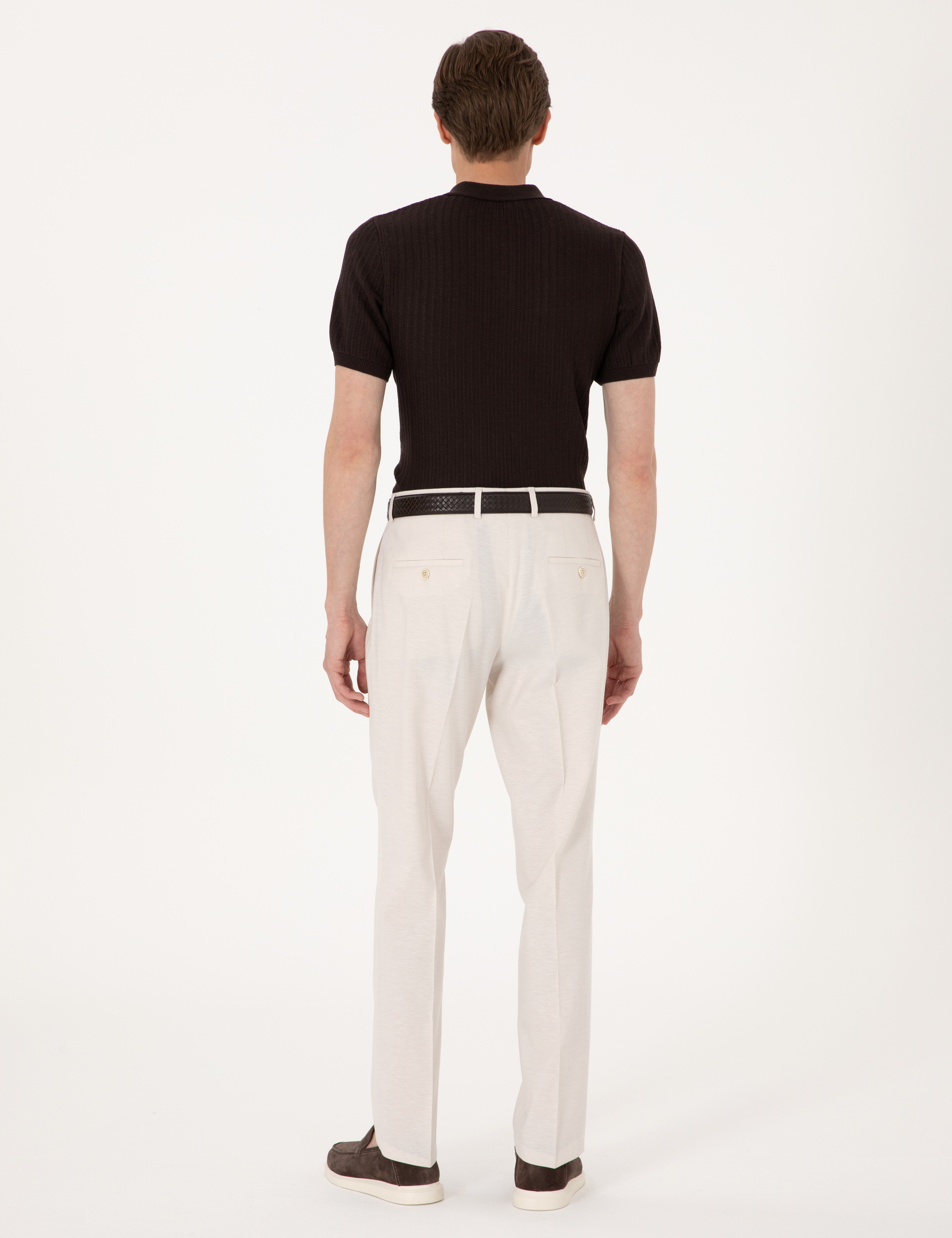 Bej Slim Fit Keten Karışımlı Pileli Kumaş Pantolon