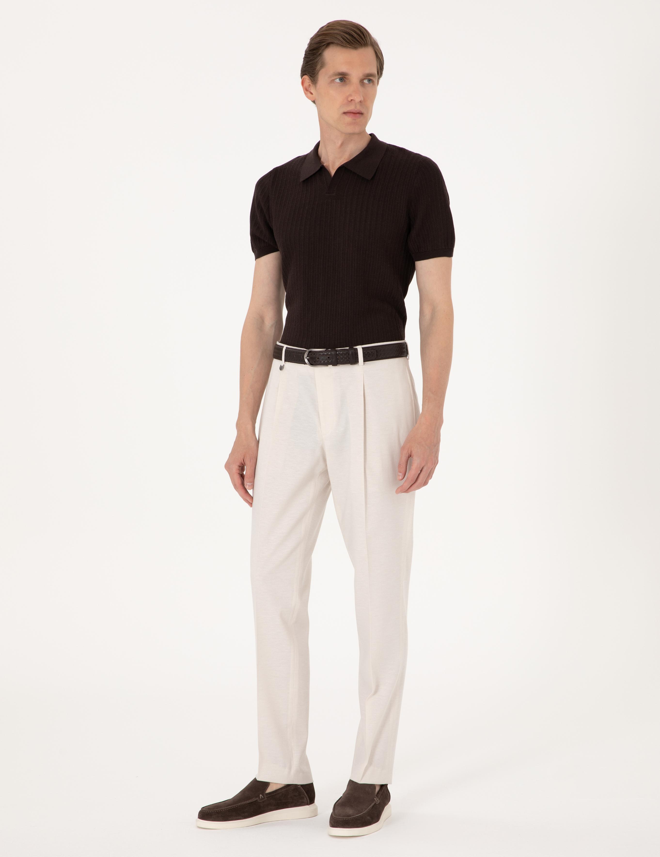 Bej Slim Fit Keten Karışımlı Pileli Kumaş Pantolon