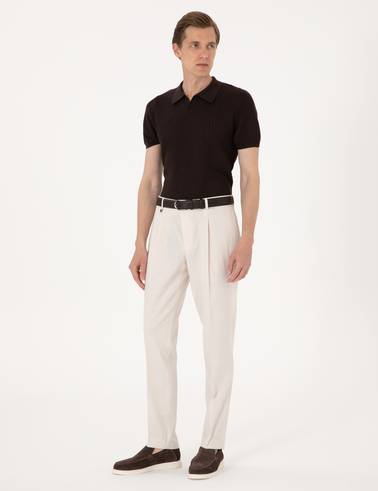 Bej Slim Fit Keten Karışımlı Pileli Kumaş Pantolon