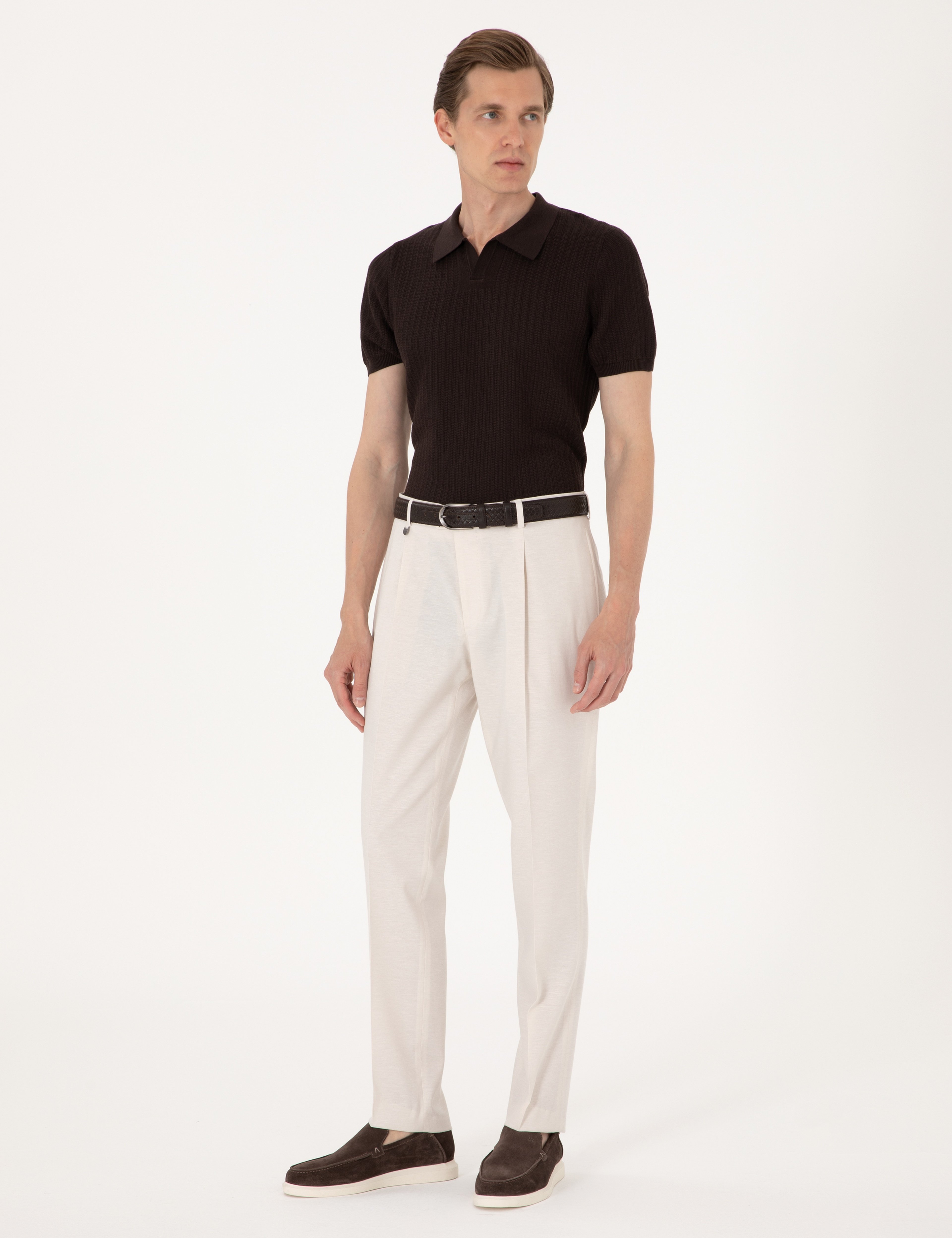 Bej Slim Fit Keten Karışımlı Pileli Kumaş Pantolon - Image 1