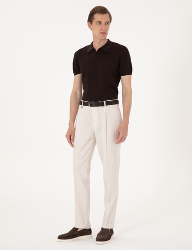 Bej Slim Fit Keten Karışımlı Pileli Kumaş Pantolon
