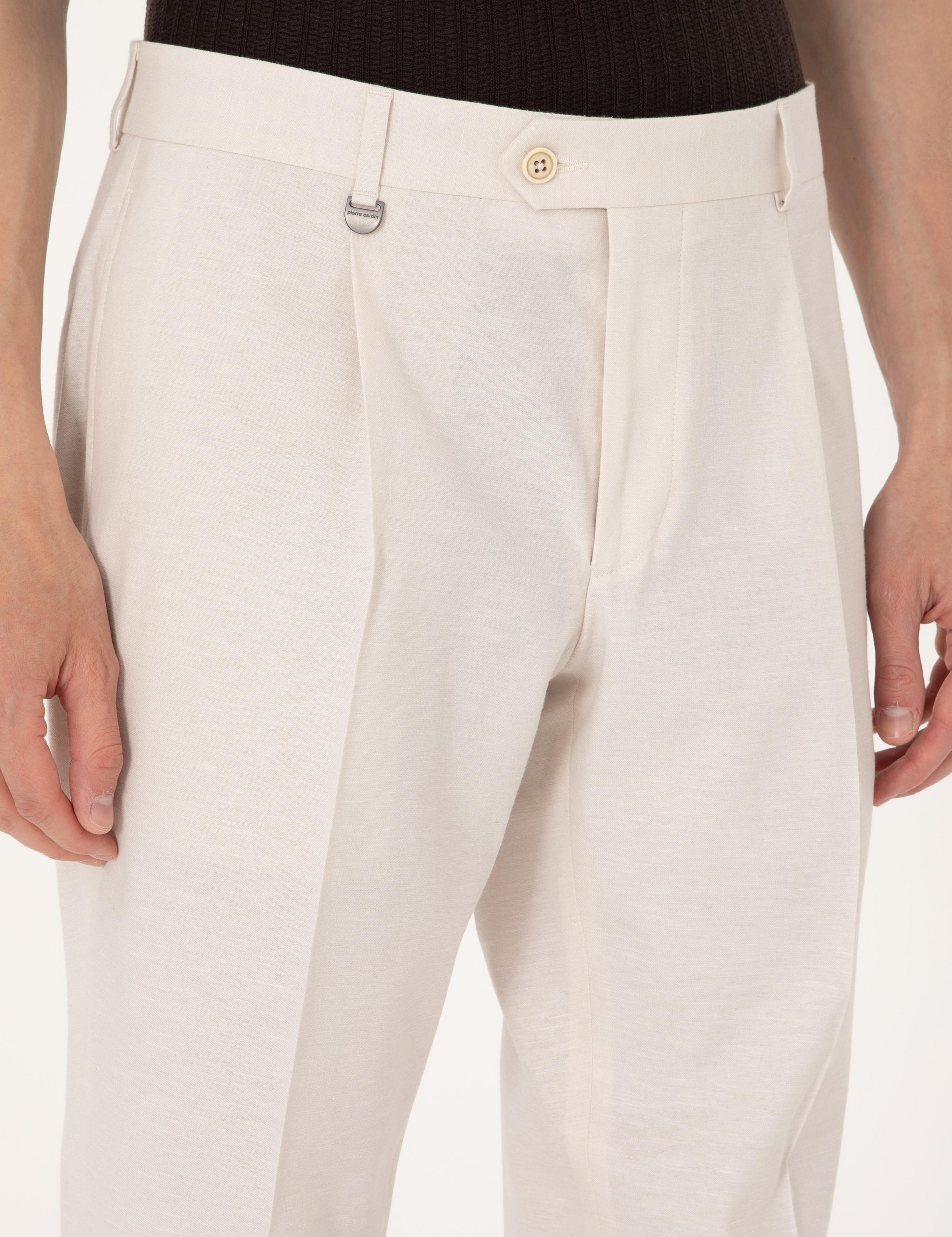 Bej Slim Fit Keten Karışımlı Pileli Kumaş Pantolon