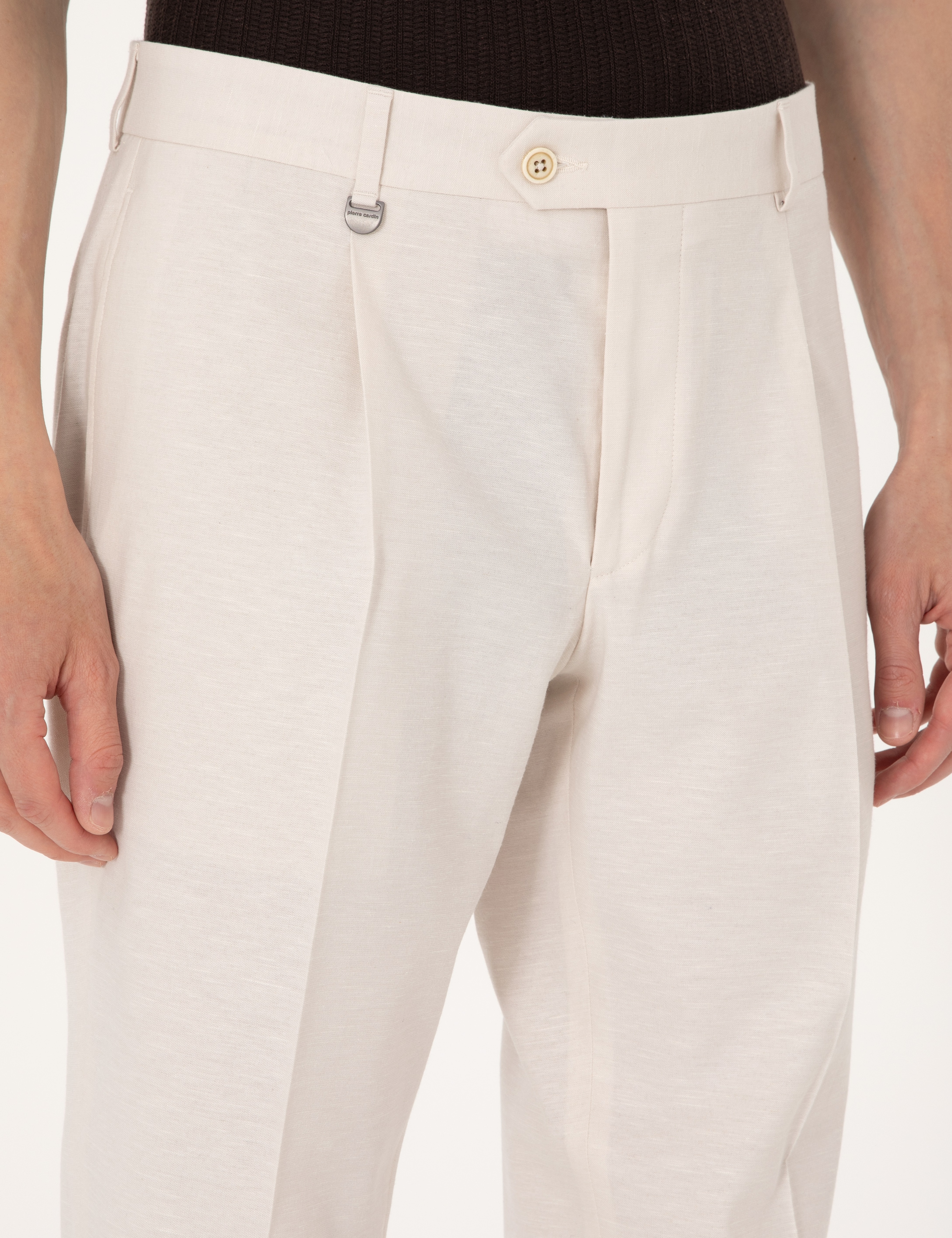Bej Slim Fit Keten Karışımlı Pileli Kumaş Pantolon - Image 5