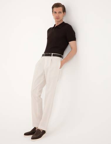 Bej Slim Fit Keten Karışımlı Pileli Kumaş Pantolon