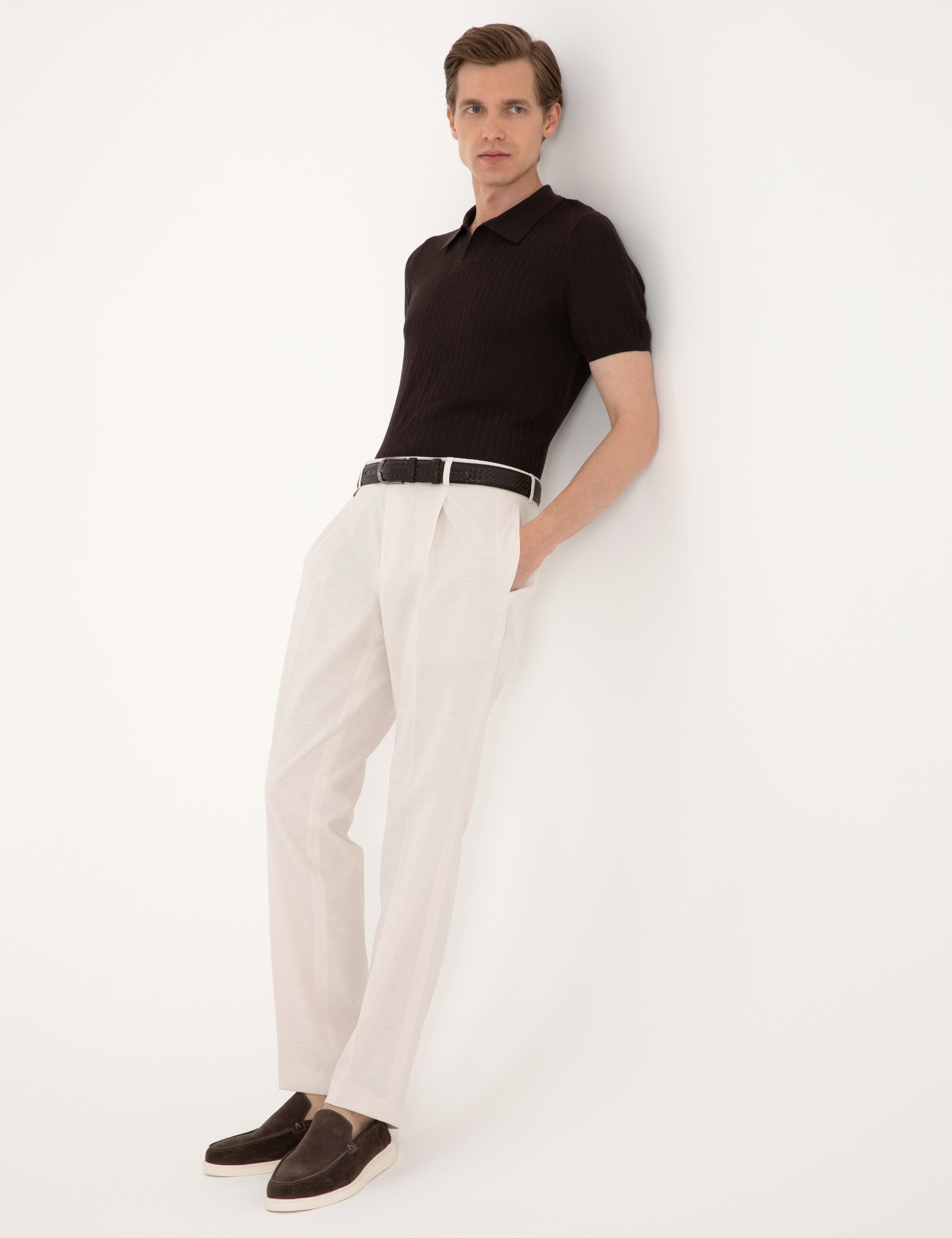 Bej Slim Fit Keten Karışımlı Pileli Kumaş Pantolon