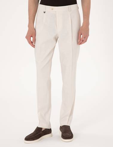 Bej Slim Fit Keten Karışımlı Pileli Kumaş Pantolon