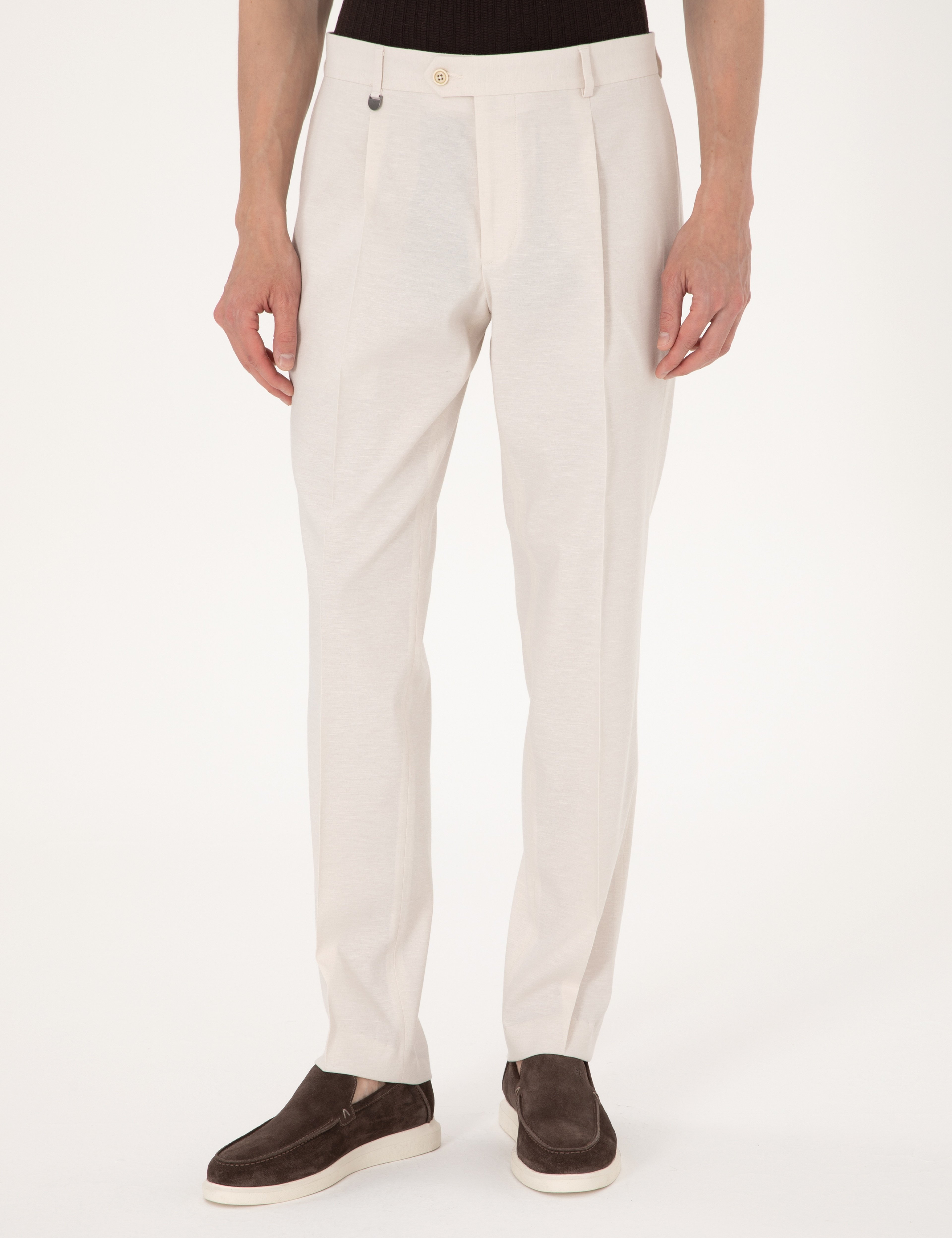 Bej Slim Fit Keten Karışımlı Pileli Kumaş Pantolon