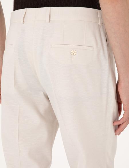 Bej Slim Fit Keten Karışımlı Pileli Kumaş Pantolon - 50306776015