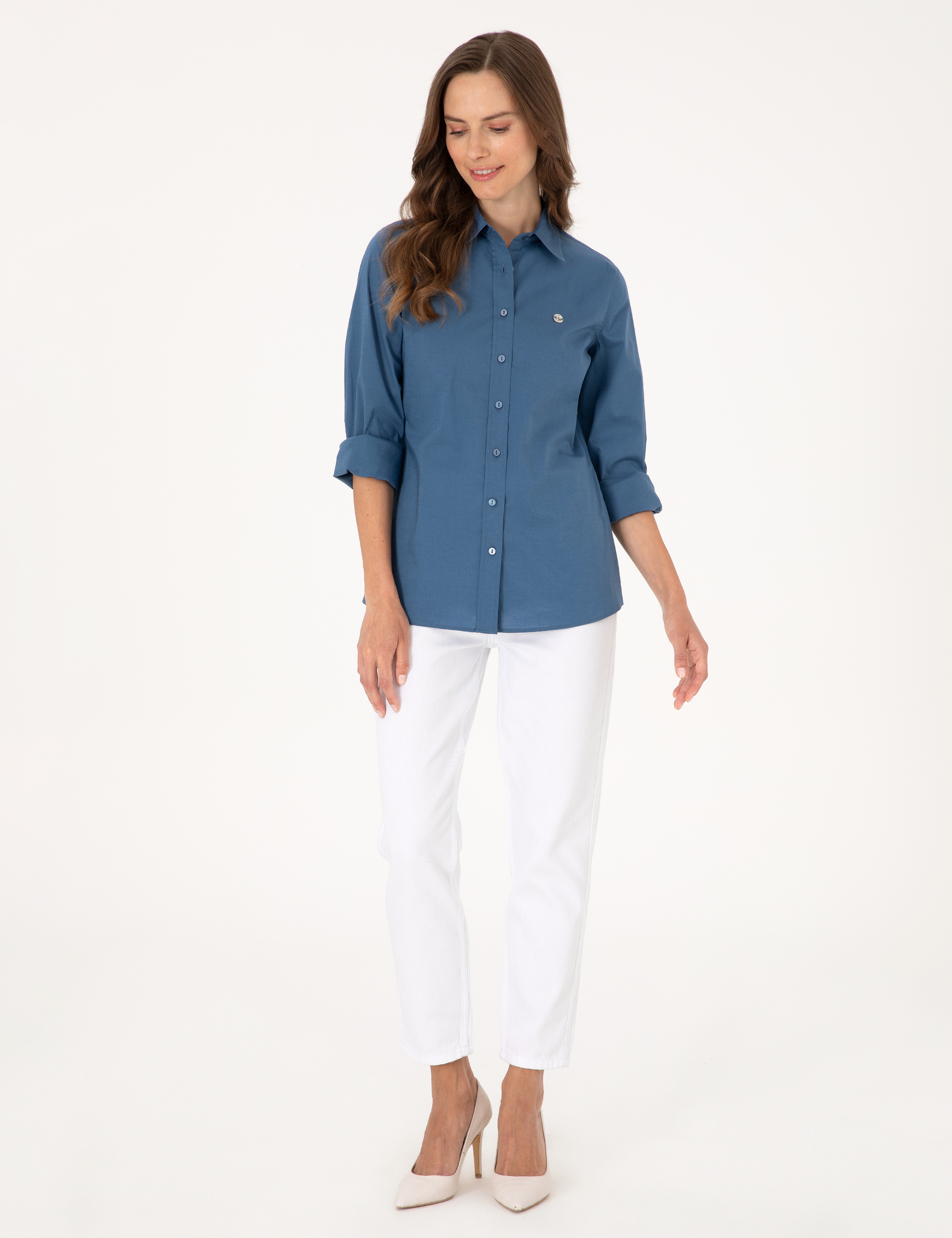 Açık İndigo Slim Fit Uzun Kollu Gömlek - Image 4