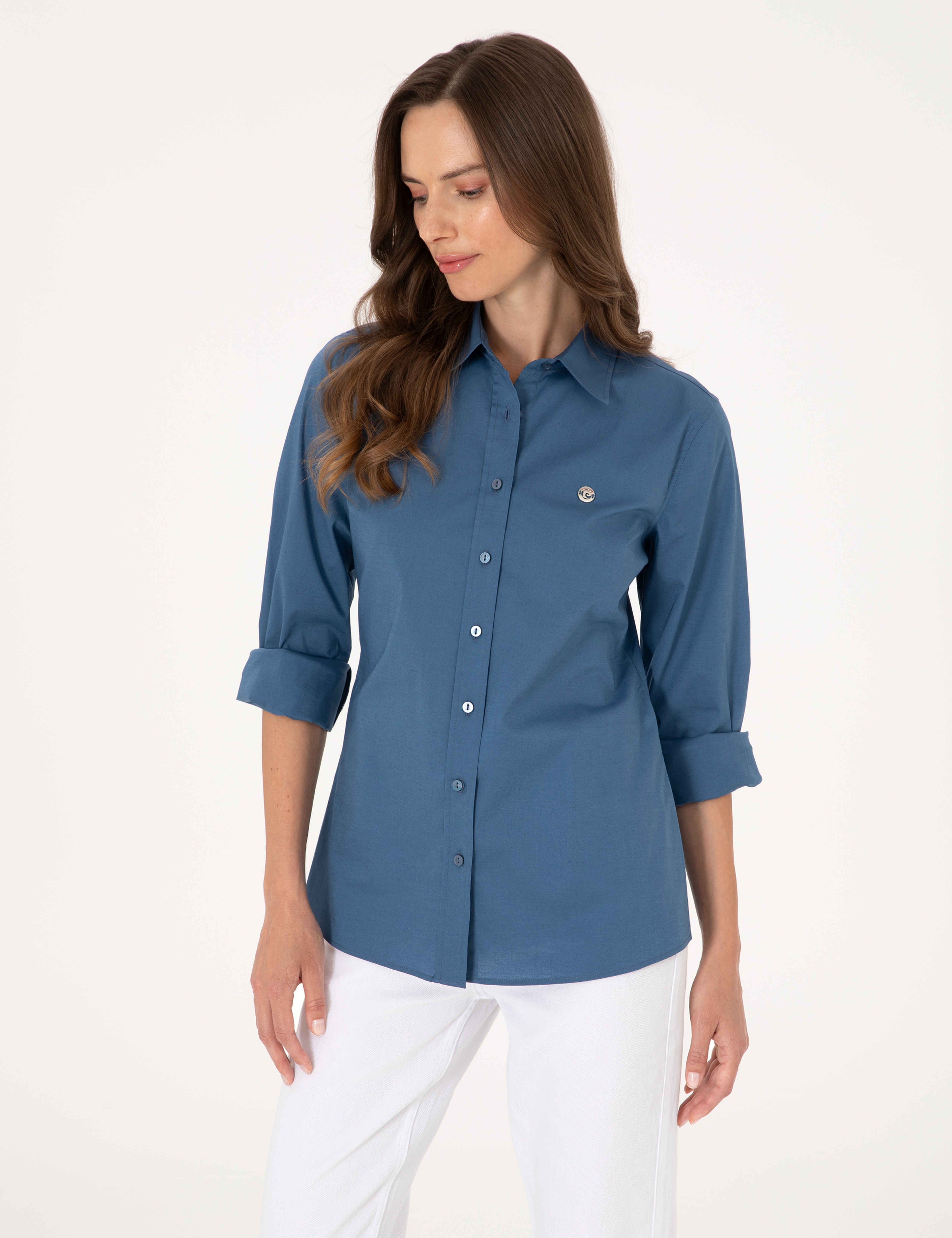 Açık İndigo Slim Fit Uzun Kollu Gömlek - Image 3