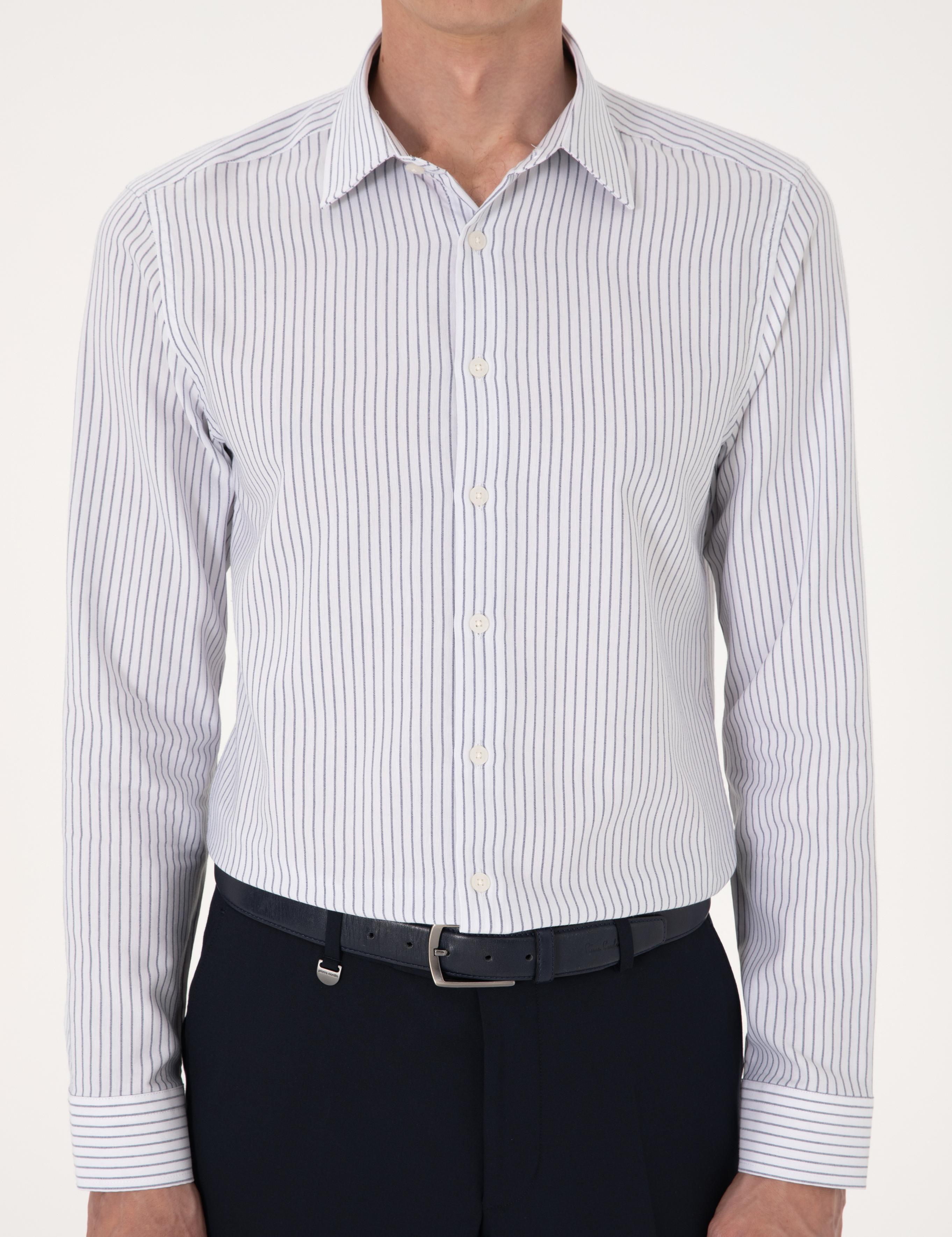 Mavi Slim Fit Çizgili Uzun Kollu Gömlek