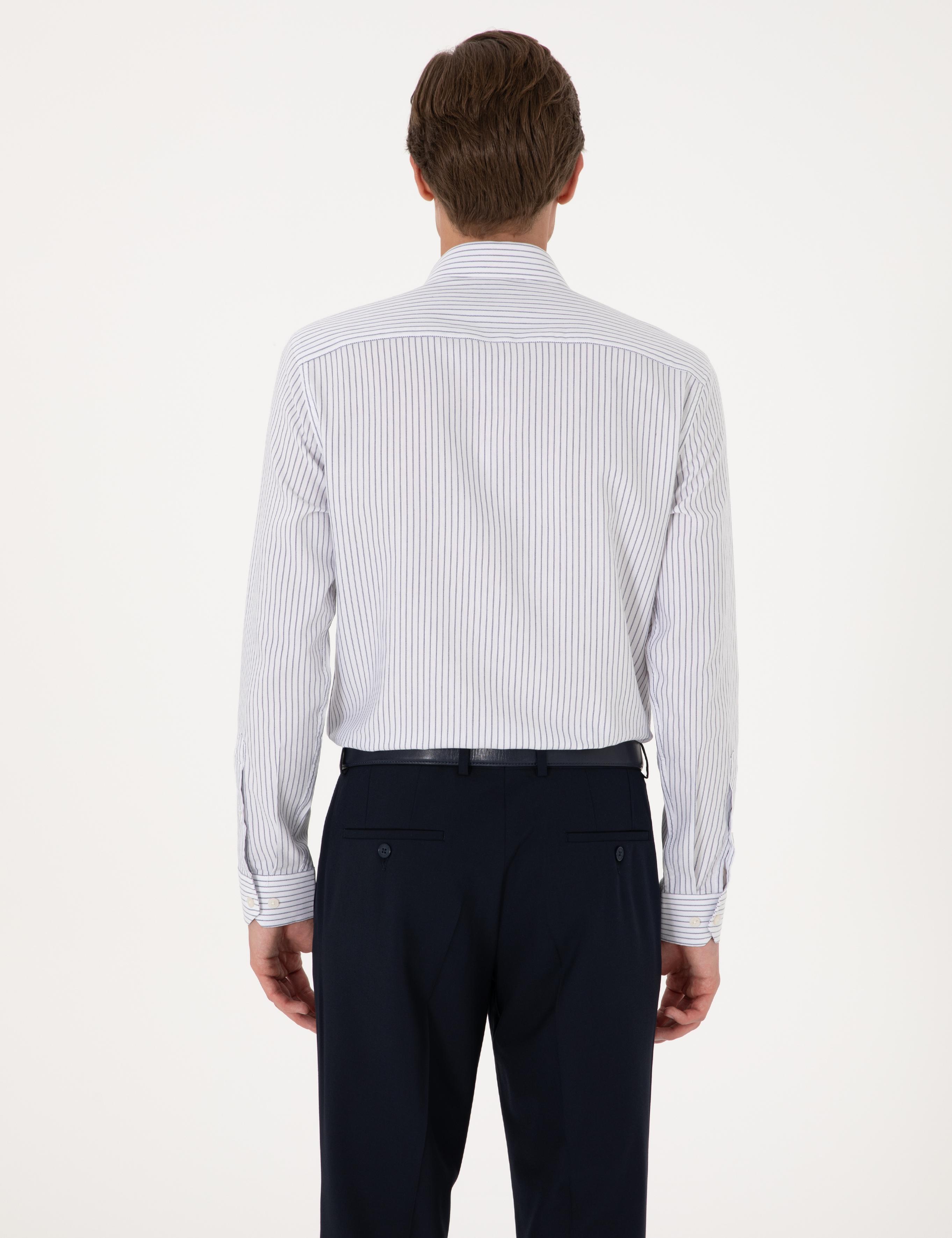 Mavi Slim Fit Çizgili Uzun Kollu Gömlek