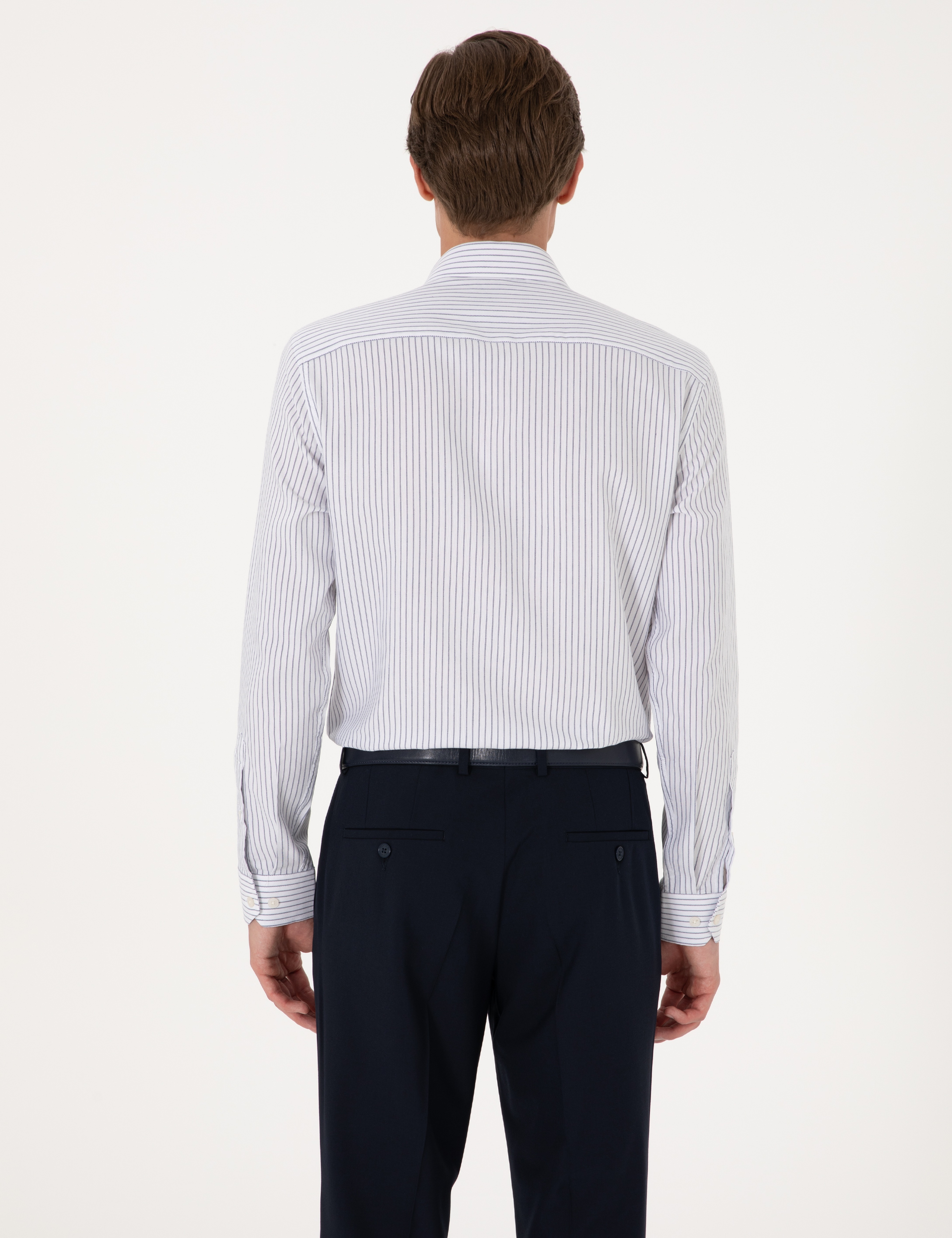 Mavi Slim Fit Çizgili Uzun Kollu Gömlek - Image 5