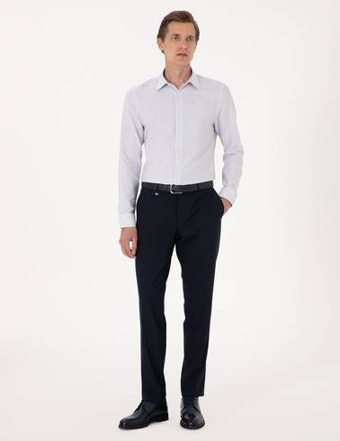 Mavi Slim Fit Çizgili Uzun Kollu Gömlek
