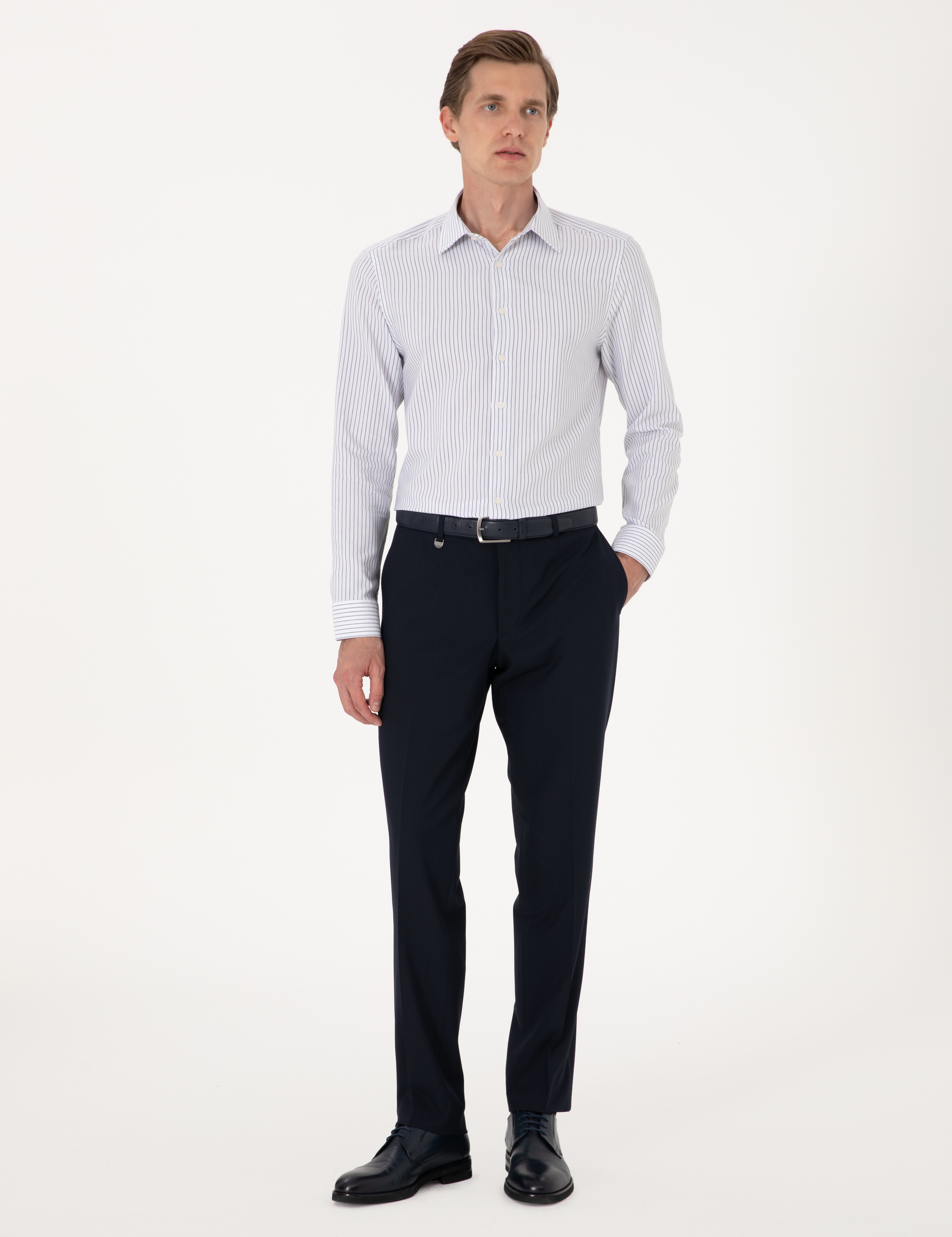 Mavi Slim Fit Çizgili Uzun Kollu Gömlek - Image 4