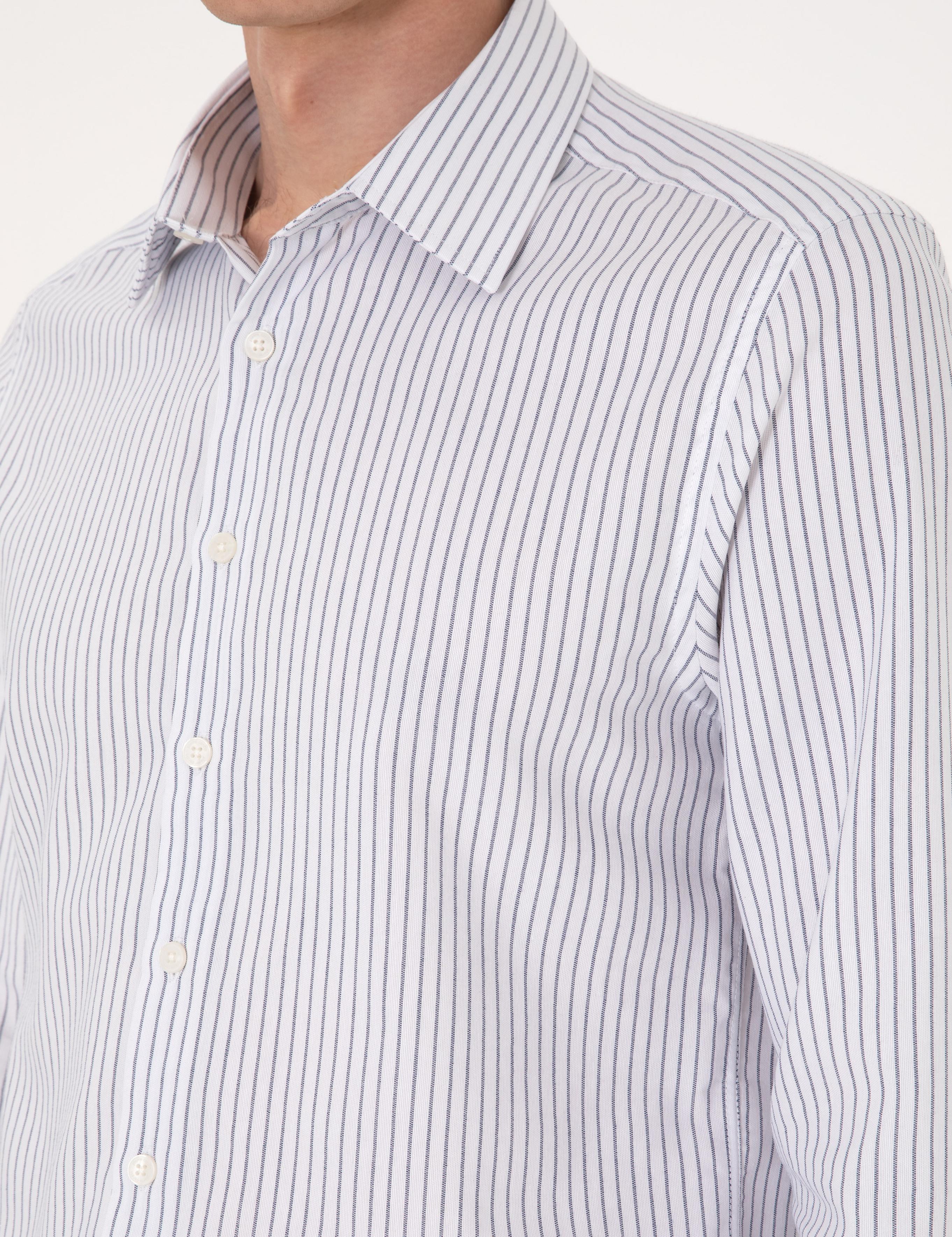 Mavi Slim Fit Çizgili Uzun Kollu Gömlek