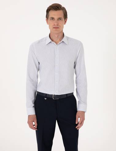 Mavi Slim Fit Çizgili Uzun Kollu Gömlek