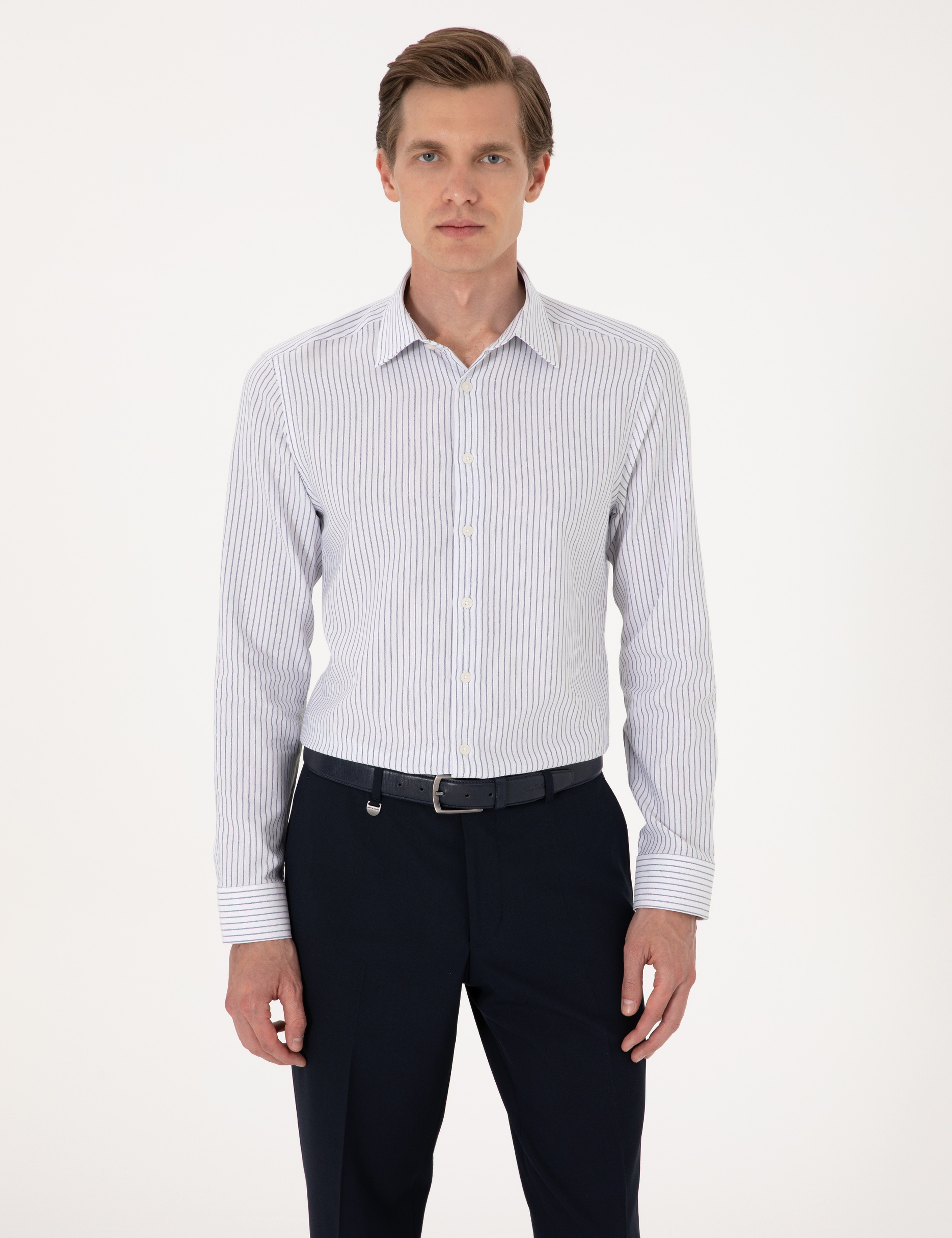 Mavi Slim Fit Çizgili Uzun Kollu Gömlek - Image 3