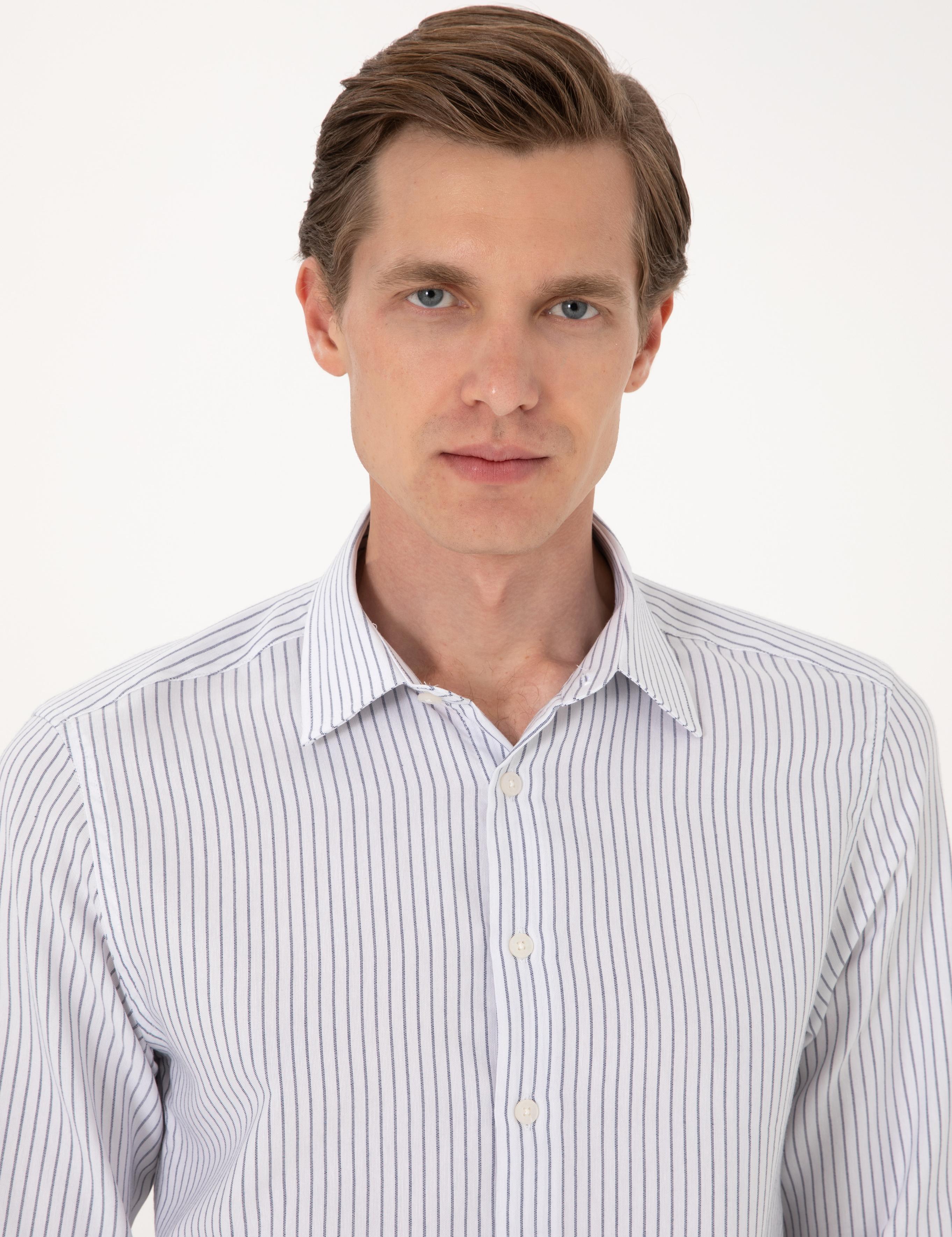 Mavi Slim Fit Çizgili Uzun Kollu Gömlek