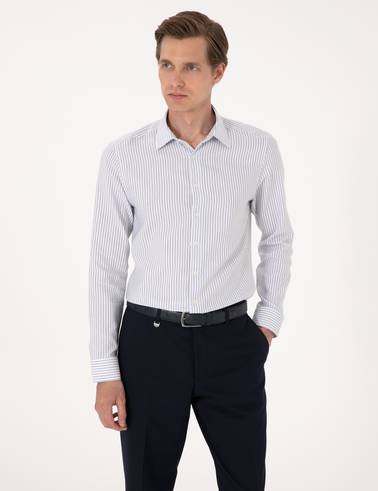 Mavi Slim Fit Çizgili Uzun Kollu Gömlek