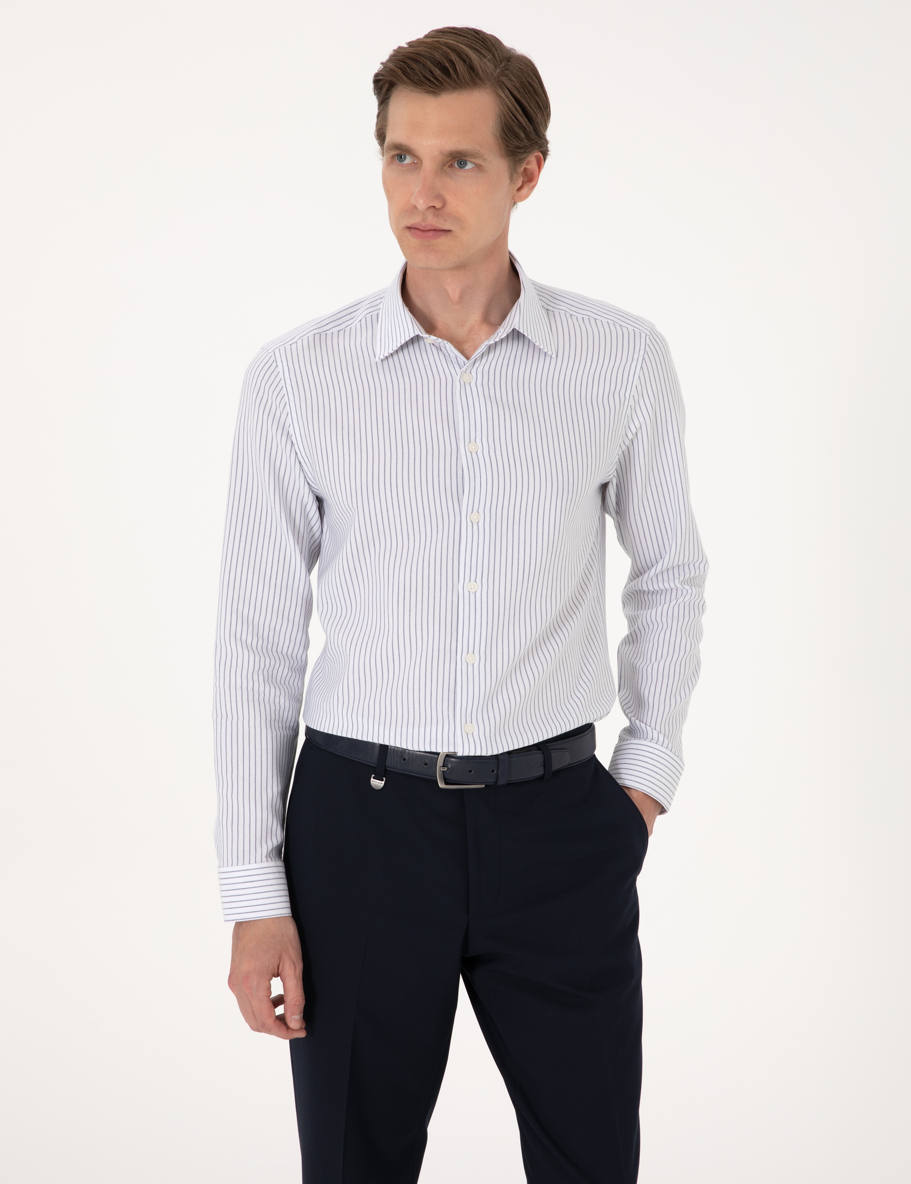Mavi Slim Fit Çizgili Uzun Kollu Gömlek - Image 1