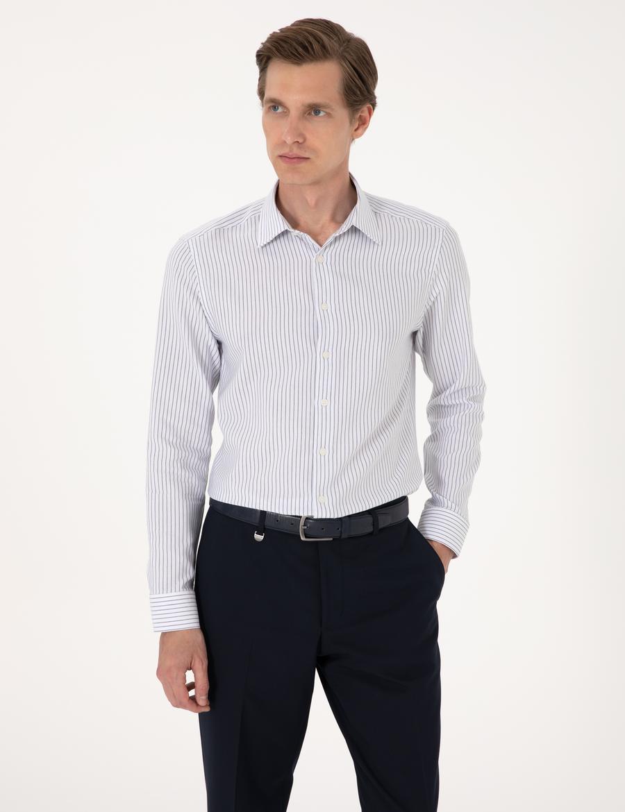 Mavi Slim Fit Çizgili Uzun Kollu Gömlek