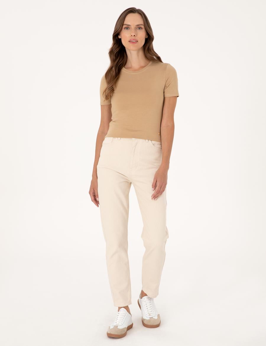 Bej Mom High Waist Fit Jean Pantolon