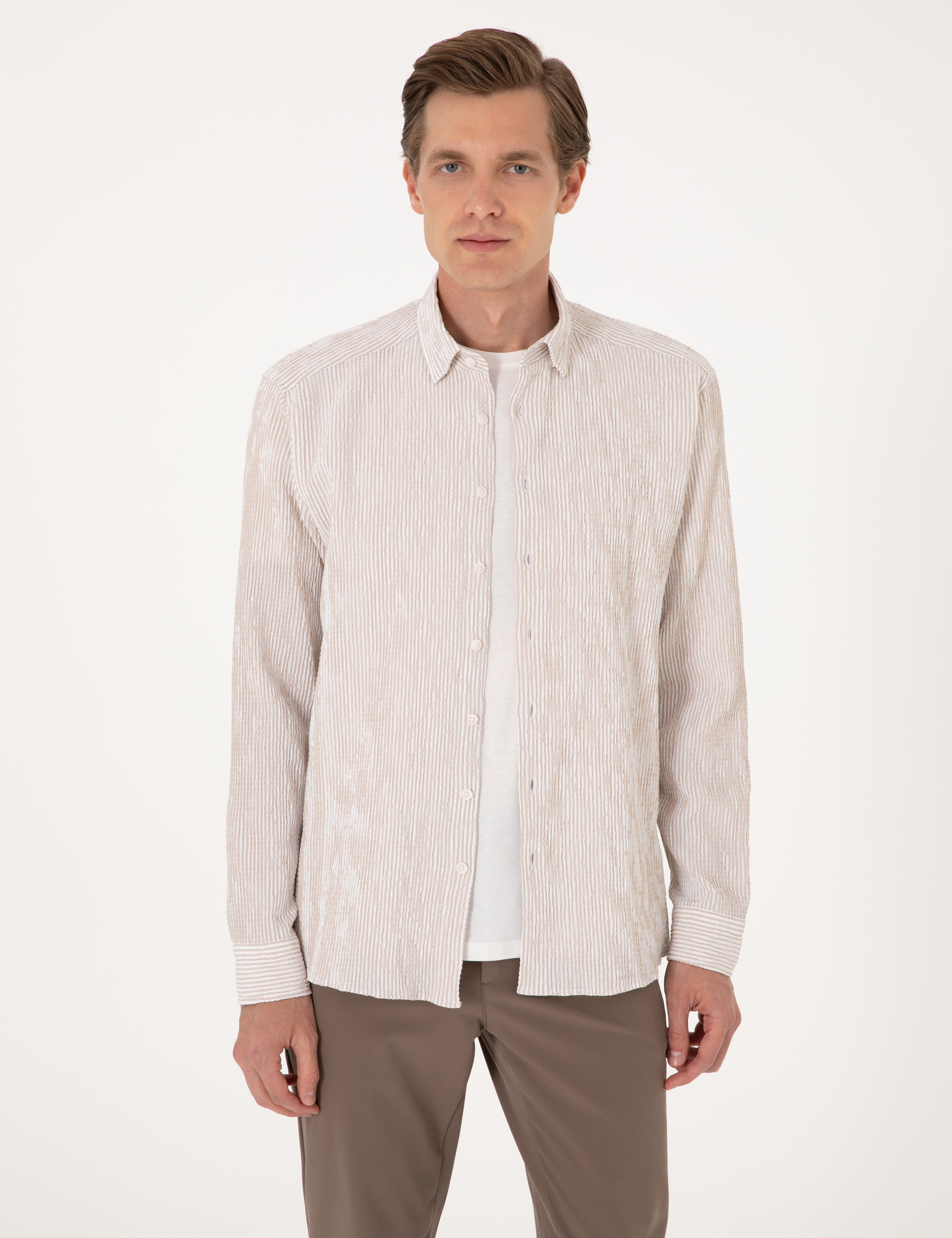 Bej Regular Fit Uzun Kollu Gömlek - Image 3