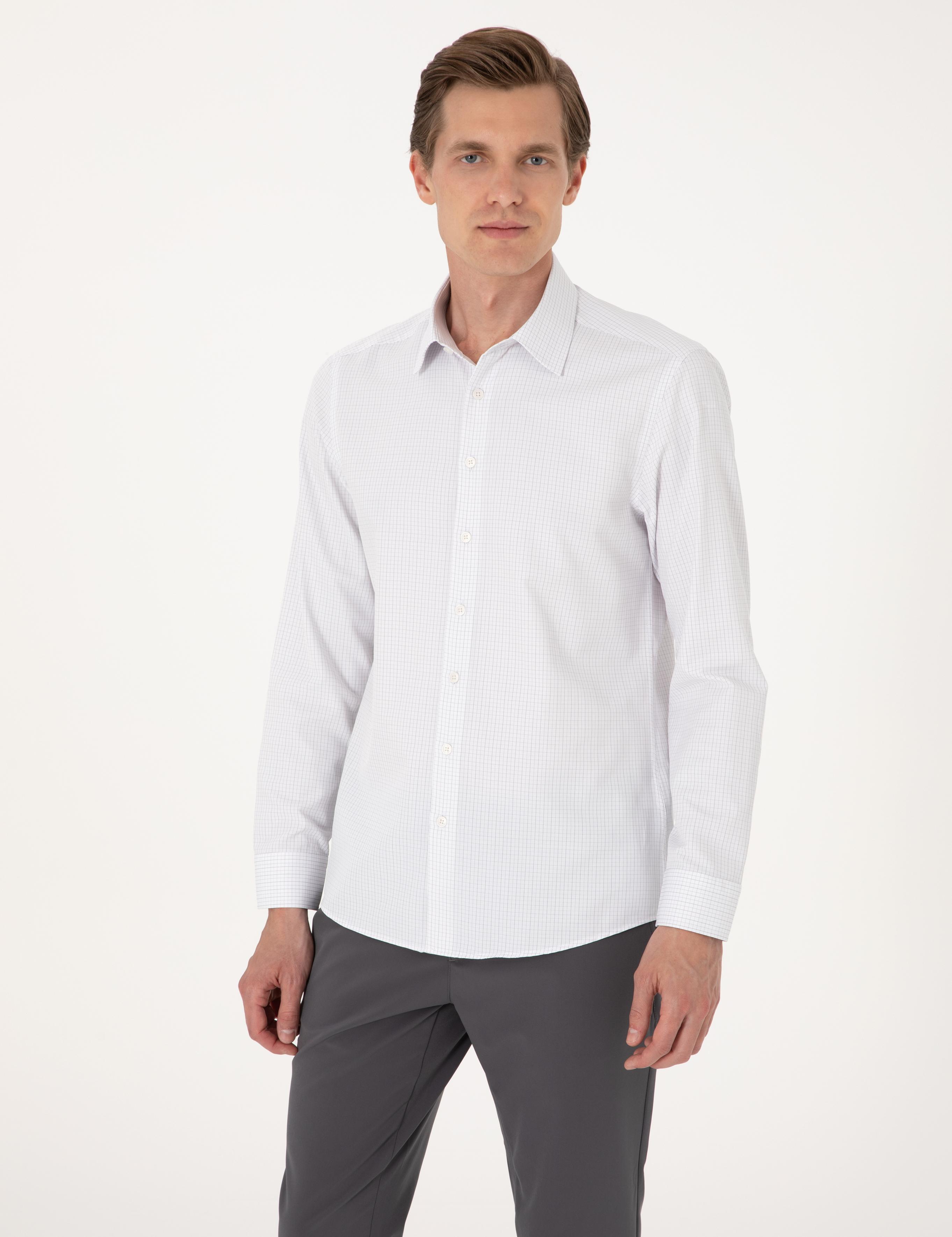 Gri Kareli Slim Fit Uzun Kollu Gömlek