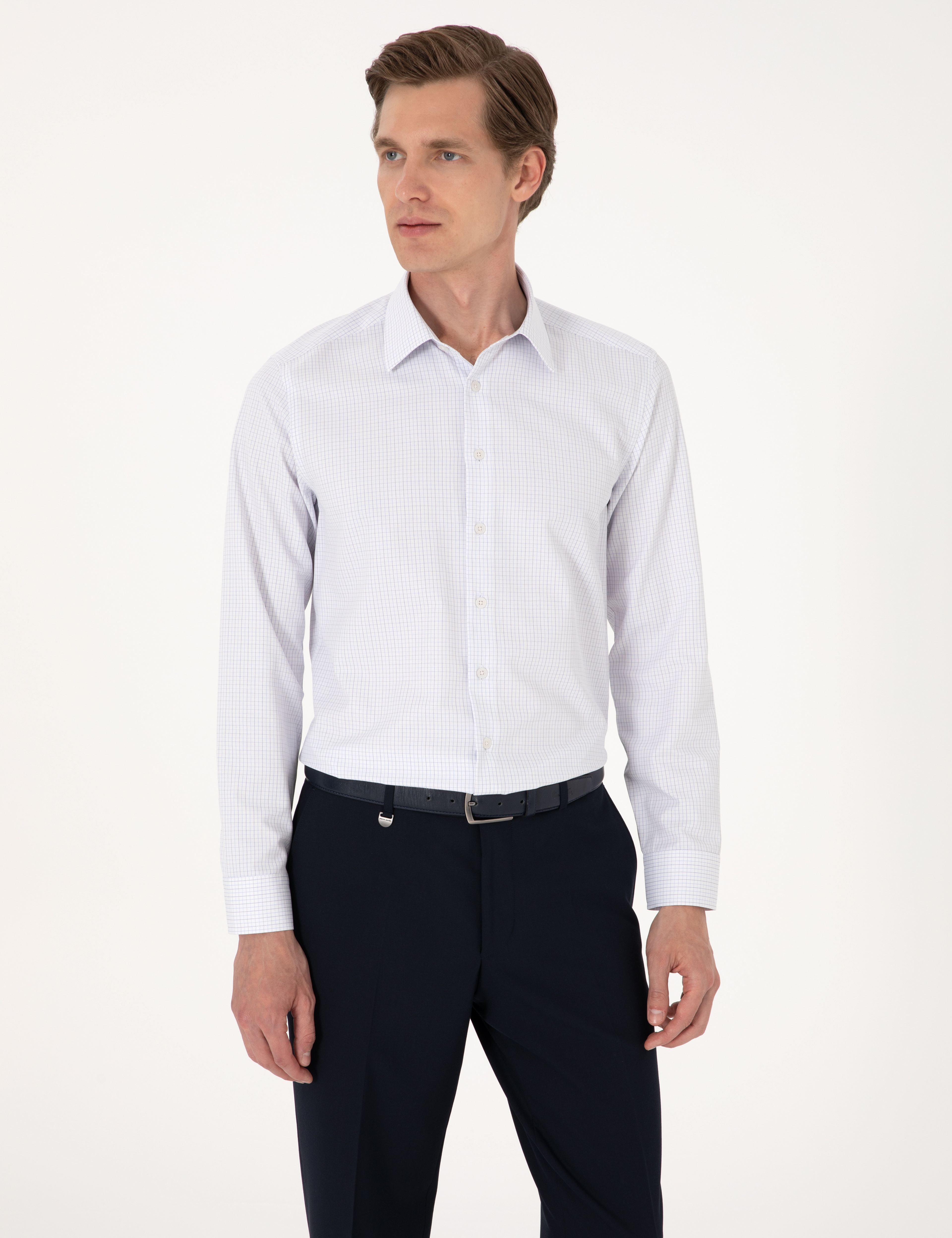 Mavi Kareli Slim Fit Uzun Kollu Gömlek - Image 3
