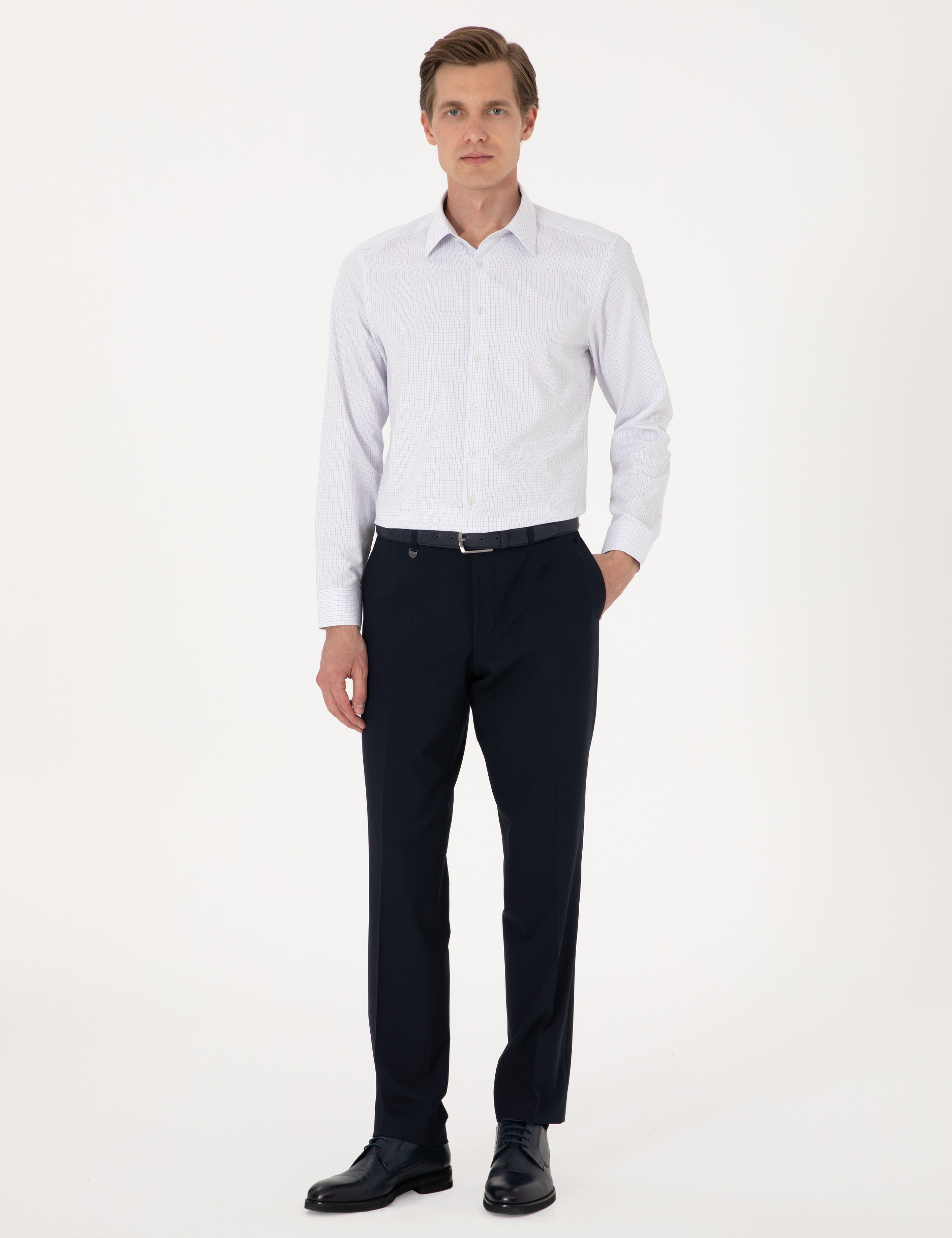 Mavi Kareli Slim Fit Uzun Kollu Gömlek - Image 4