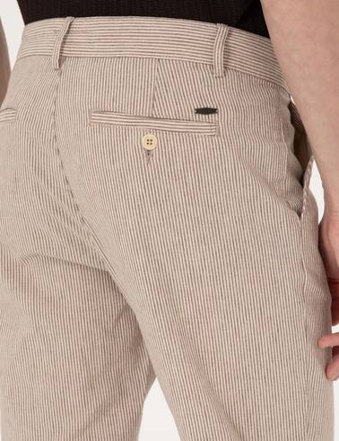 Bej Slim Fit Keten Karışımlı Beli İpli Çizgili Kanvas Pantolon